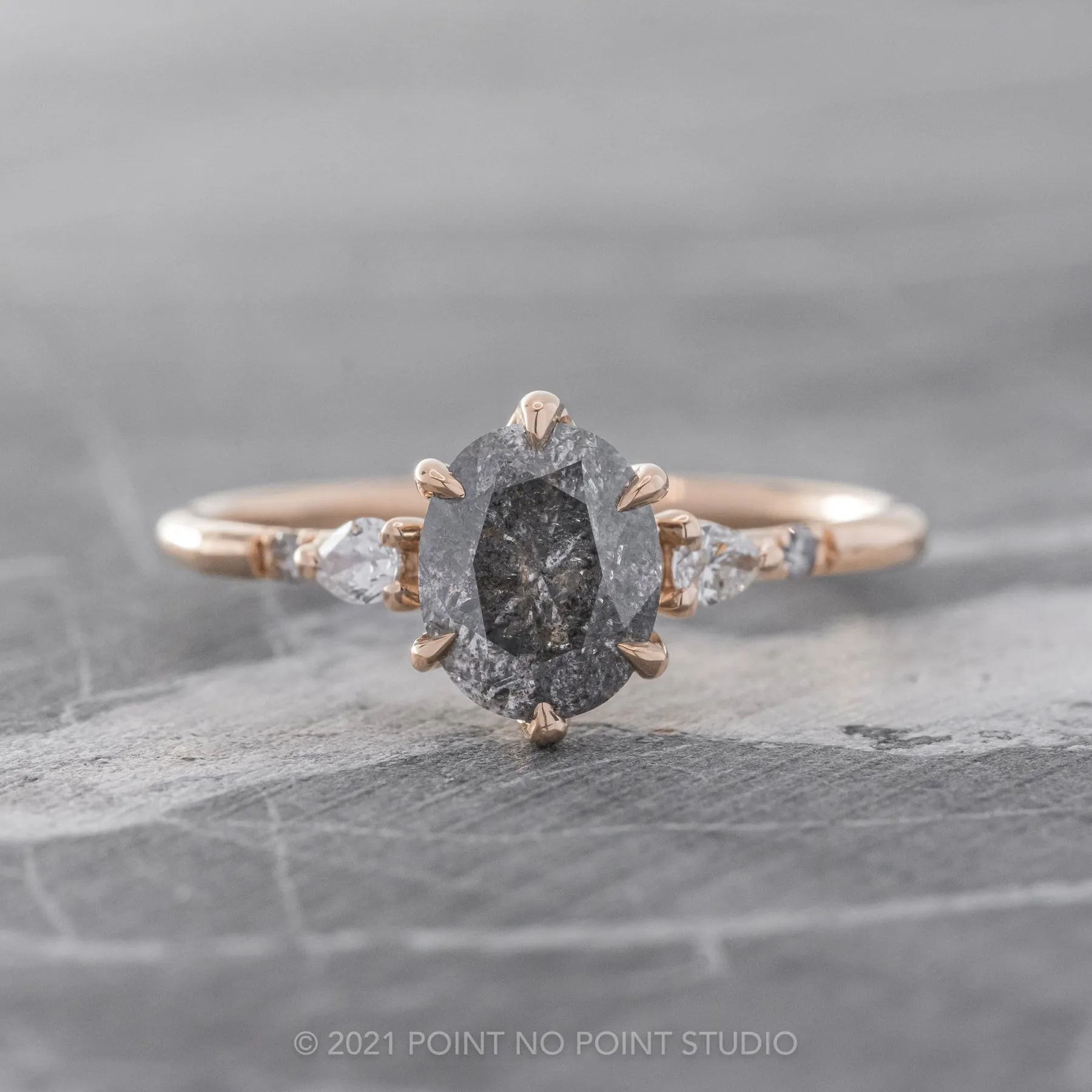 1.74 Carat Salt and Pepper Oval Diamond Engagement Ring, Woven Betty Setting, 14k Rose Gold