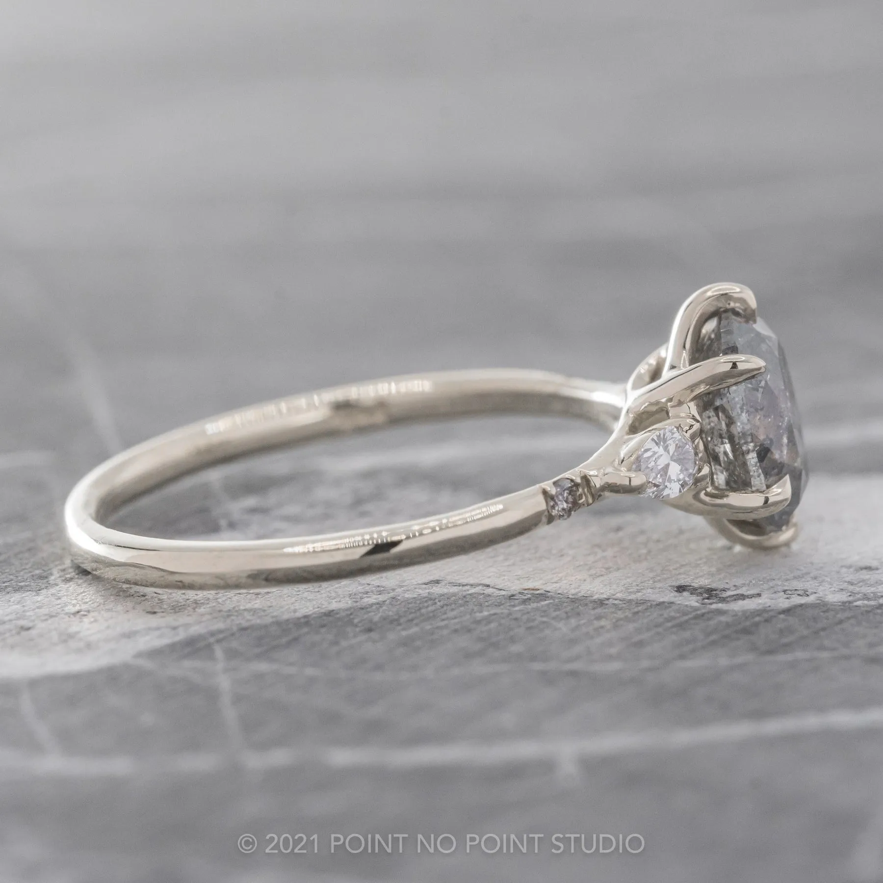 1.74 Carat Salt and Pepper Oval Diamond Engagement Ring, Woven Betty Setting, 14k White Gold