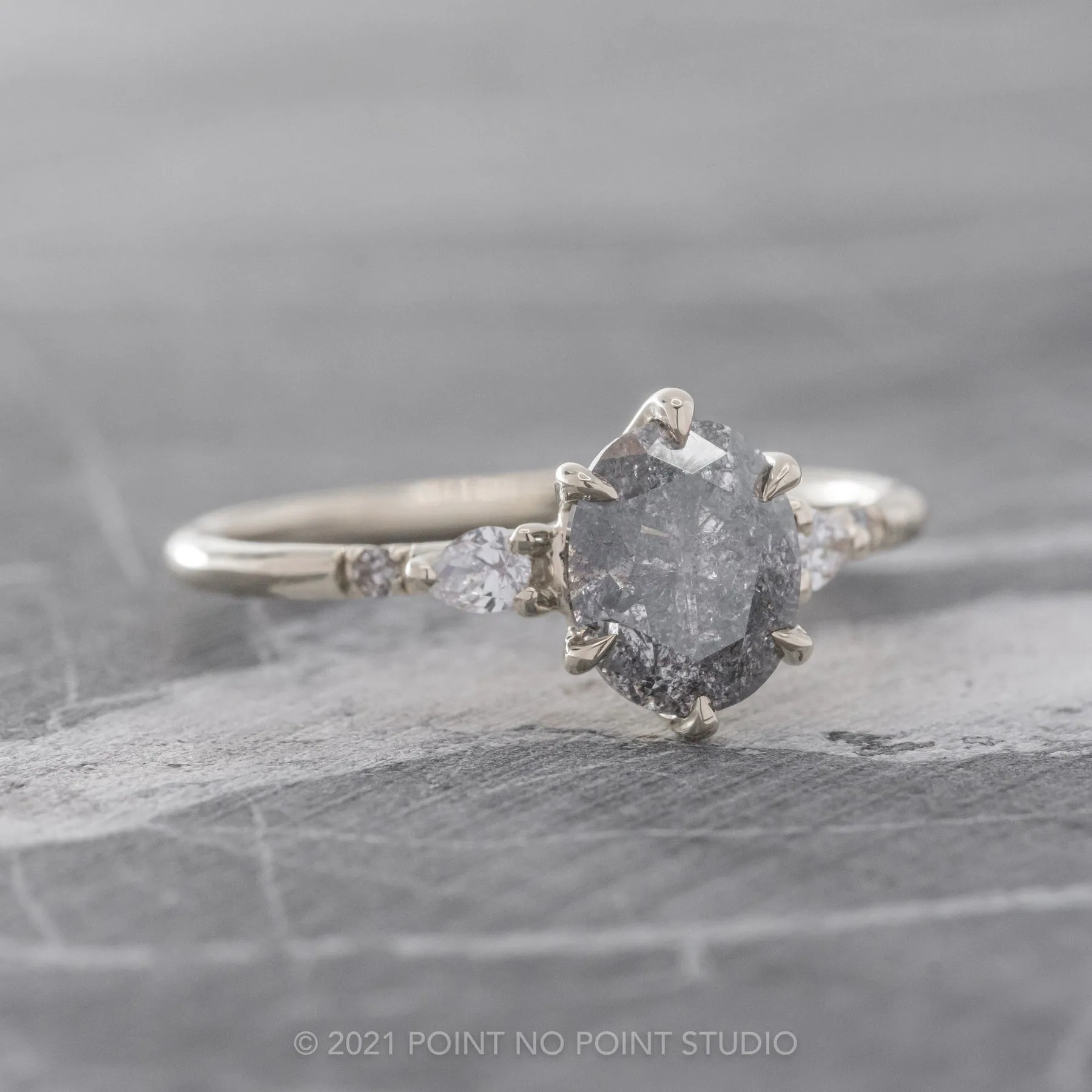 1.74 Carat Salt and Pepper Oval Diamond Engagement Ring, Woven Betty Setting, 14k White Gold