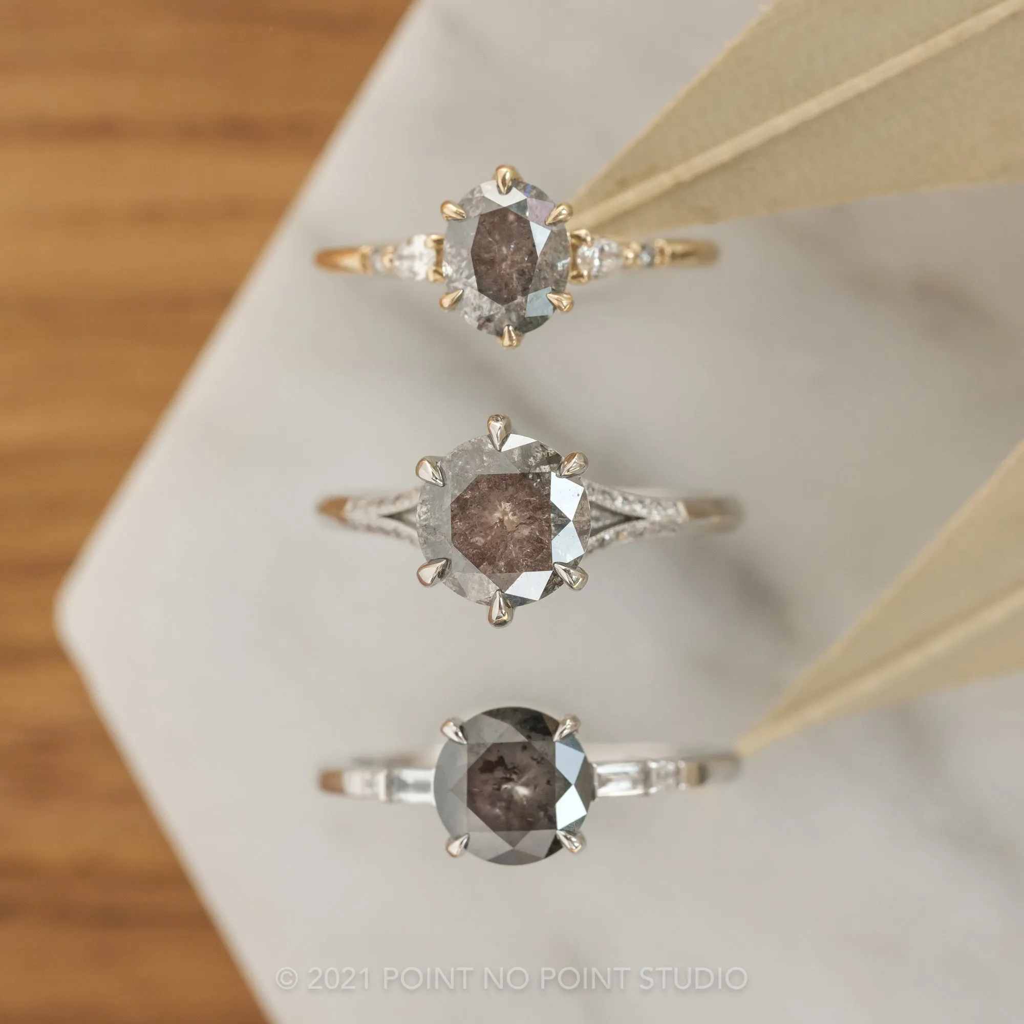 1.74 Carat Salt and Pepper Oval Diamond Engagement Ring, Woven Betty Setting, 14k Yellow Gold