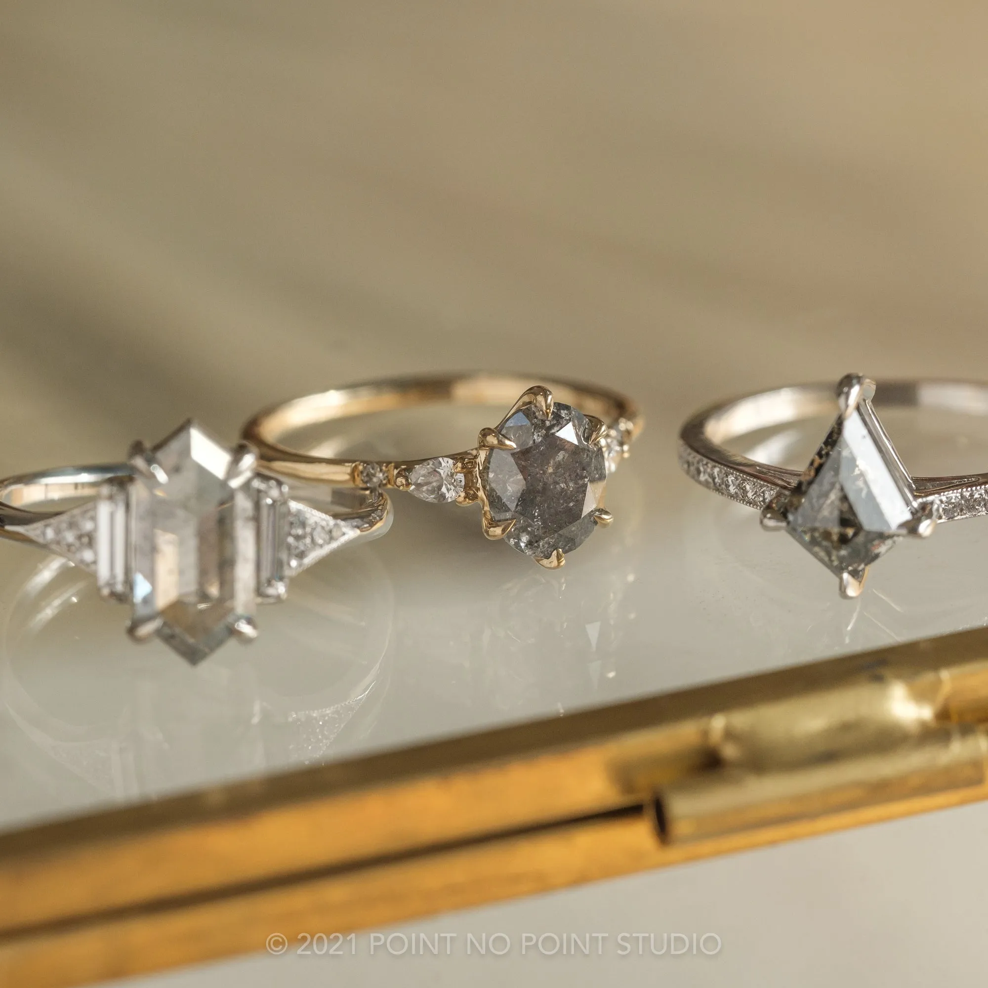 1.74 Carat Salt and Pepper Oval Diamond Engagement Ring, Woven Betty Setting, 14k Yellow Gold