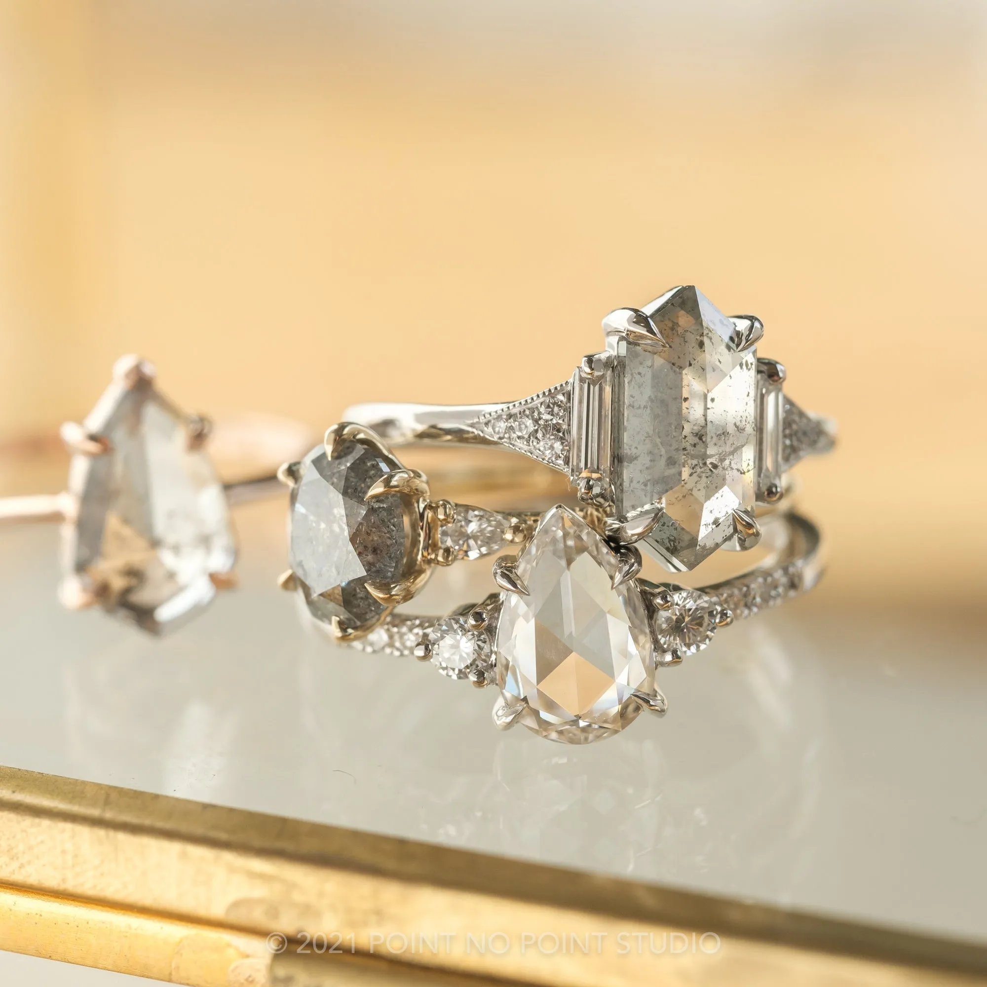 1.74 Carat Salt and Pepper Oval Diamond Engagement Ring, Woven Betty Setting, 14k Yellow Gold