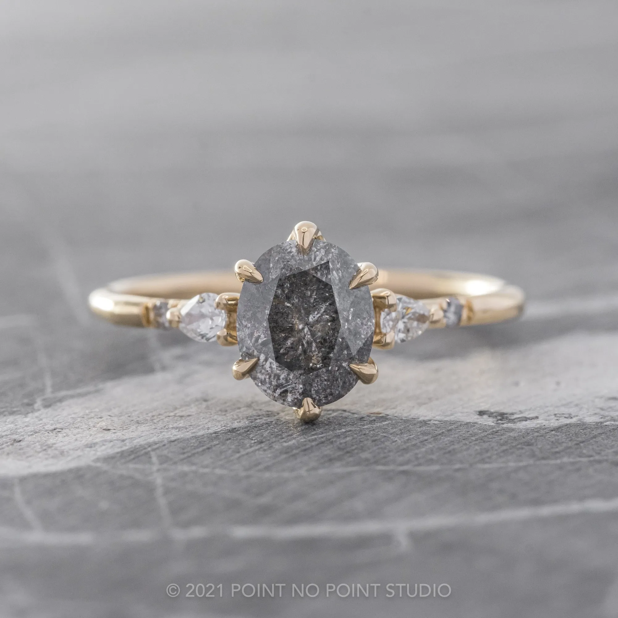 1.74 Carat Salt and Pepper Oval Diamond Engagement Ring, Woven Betty Setting, 14k Yellow Gold