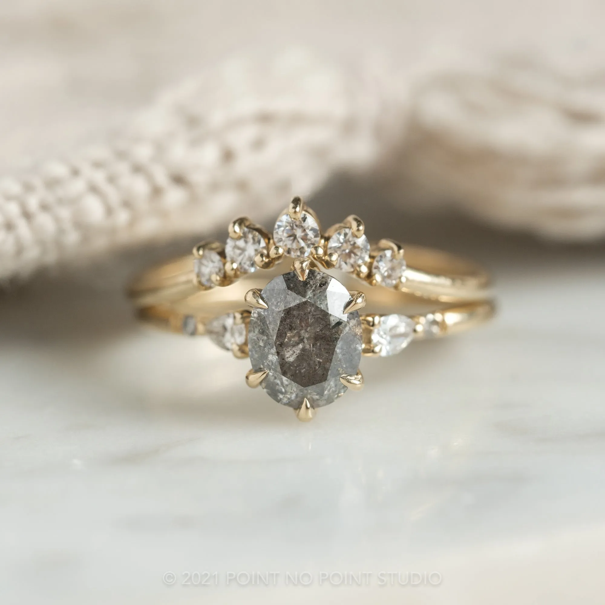1.74 Carat Salt and Pepper Oval Diamond Engagement Ring, Woven Betty Setting, 14k Yellow Gold