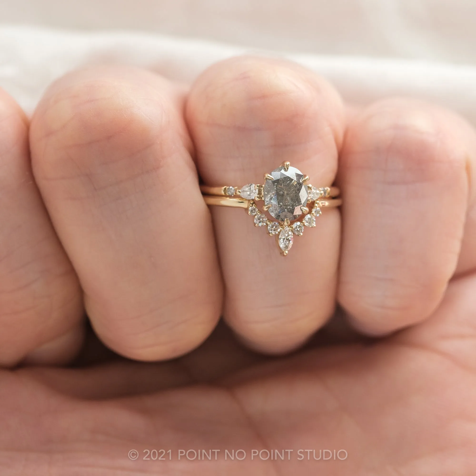 1.74 Carat Salt and Pepper Oval Diamond Engagement Ring, Woven Betty Setting, 14k Yellow Gold