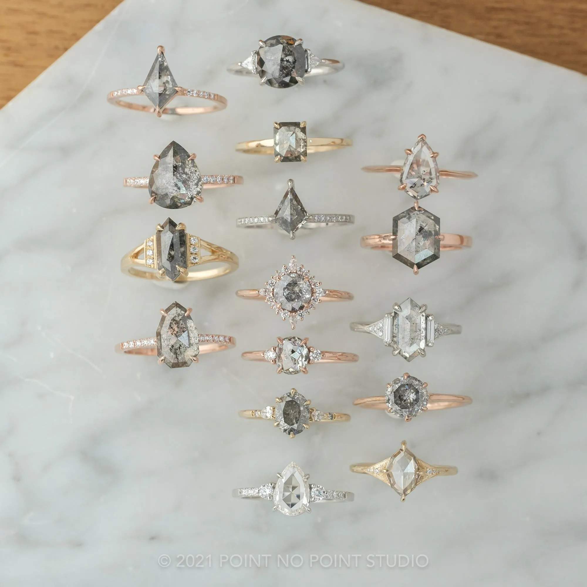 1.74 Carat Salt and Pepper Oval Diamond Engagement Ring, Woven Betty Setting, 14k Yellow Gold