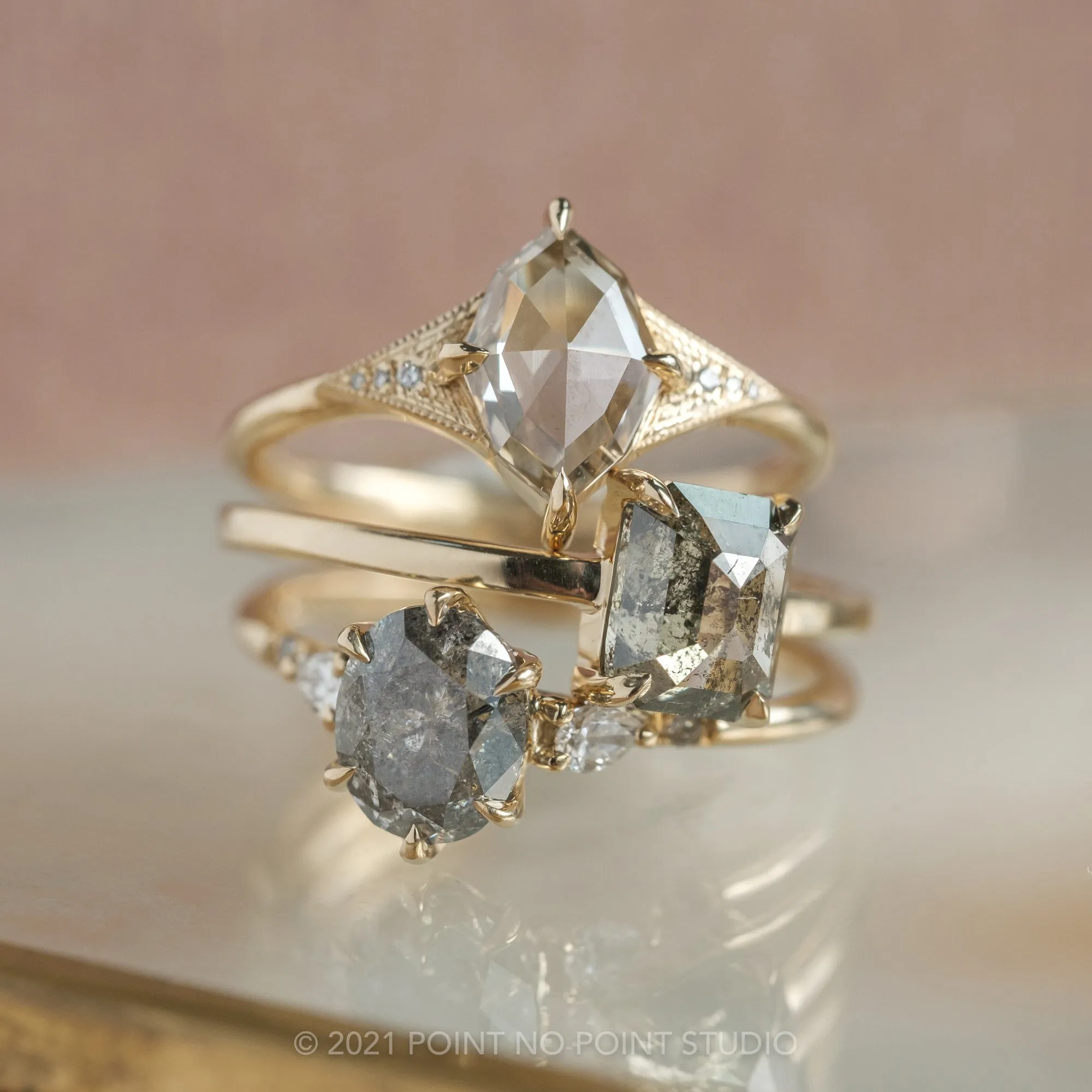 1.74 Carat Salt and Pepper Oval Diamond Engagement Ring, Woven Betty Setting, 14k Yellow Gold