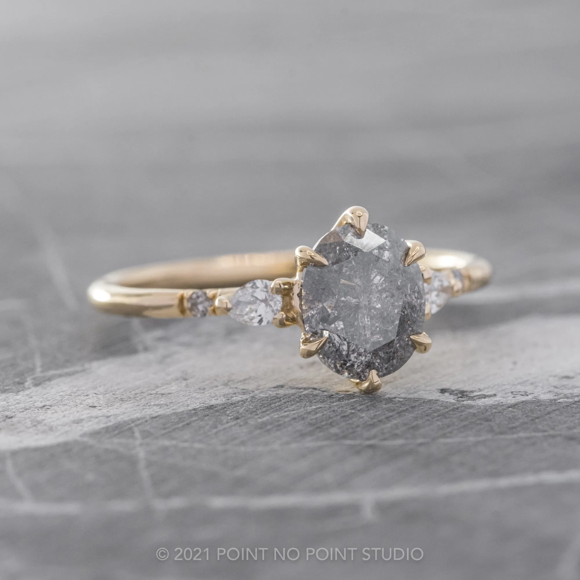 1.74 Carat Salt and Pepper Oval Diamond Engagement Ring, Woven Betty Setting, 14k Yellow Gold