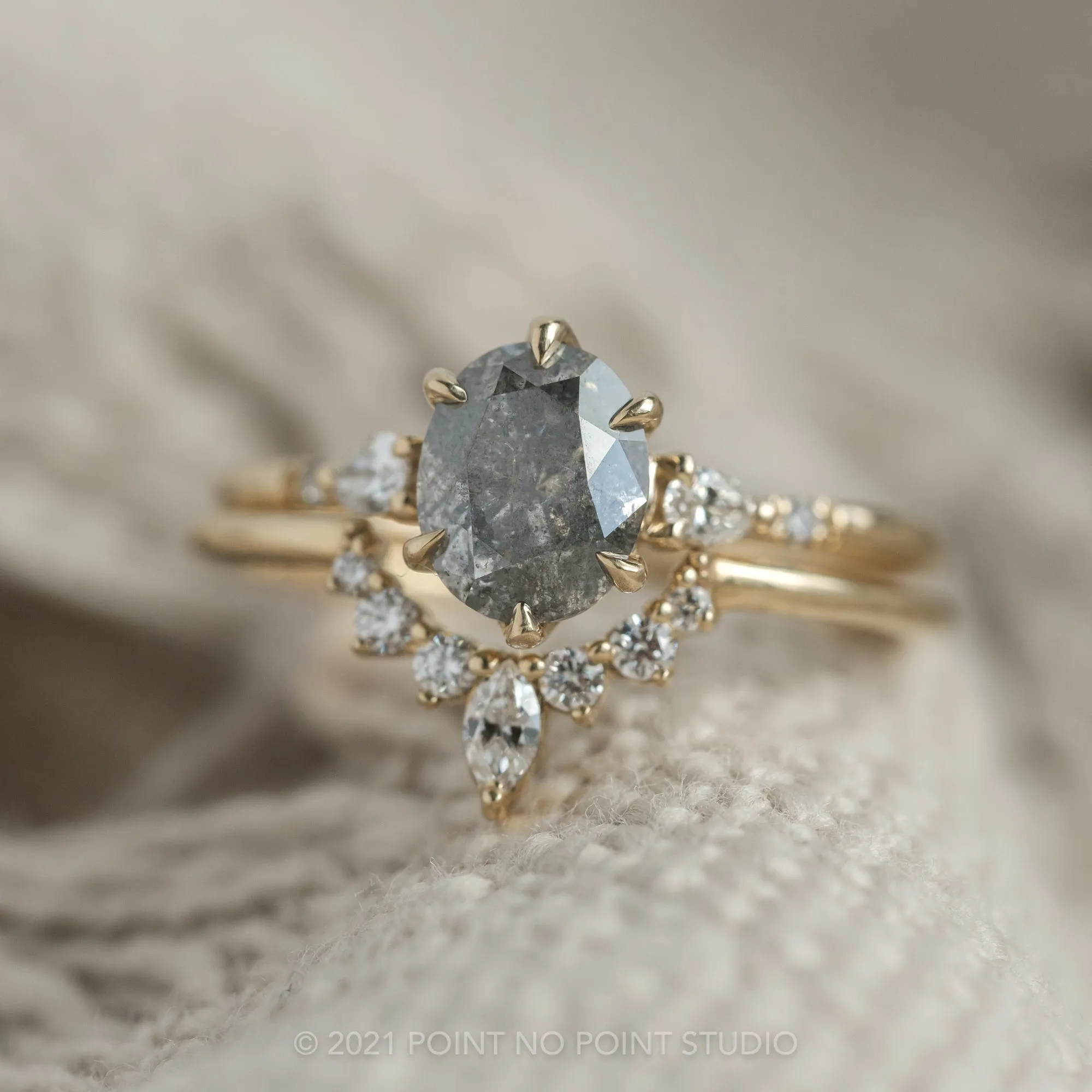 1.74 Carat Salt and Pepper Oval Diamond Engagement Ring, Woven Betty Setting, 14k Yellow Gold