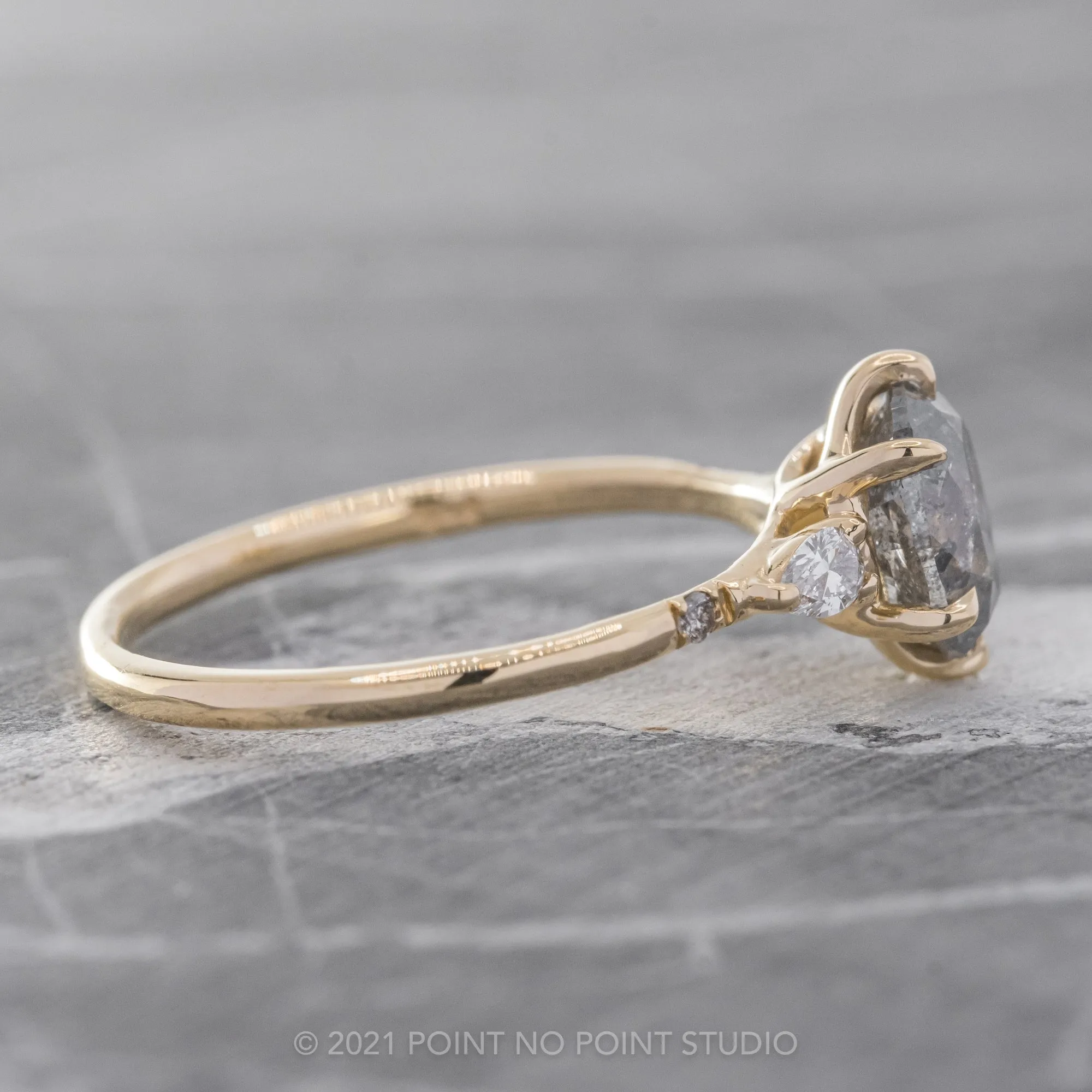 1.74 Carat Salt and Pepper Oval Diamond Engagement Ring, Woven Betty Setting, 14k Yellow Gold