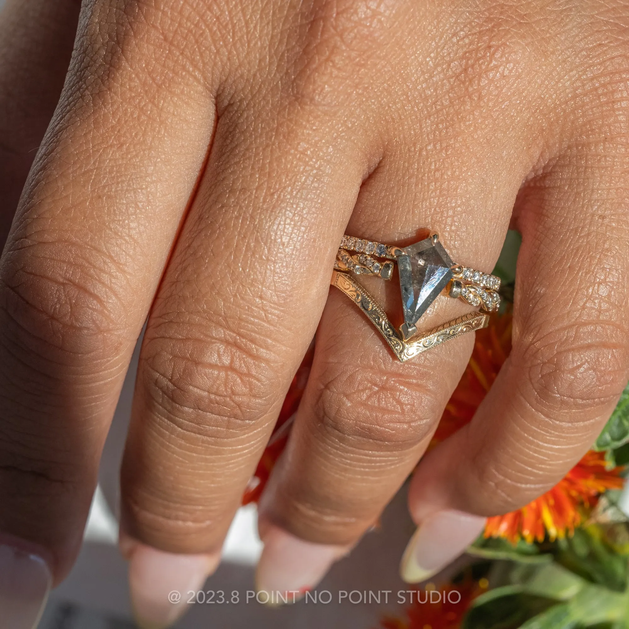 1.75 Carat Salt and Pepper Kite Diamond Engagement Ring, Sirena Setting, 14K Yellow Gold