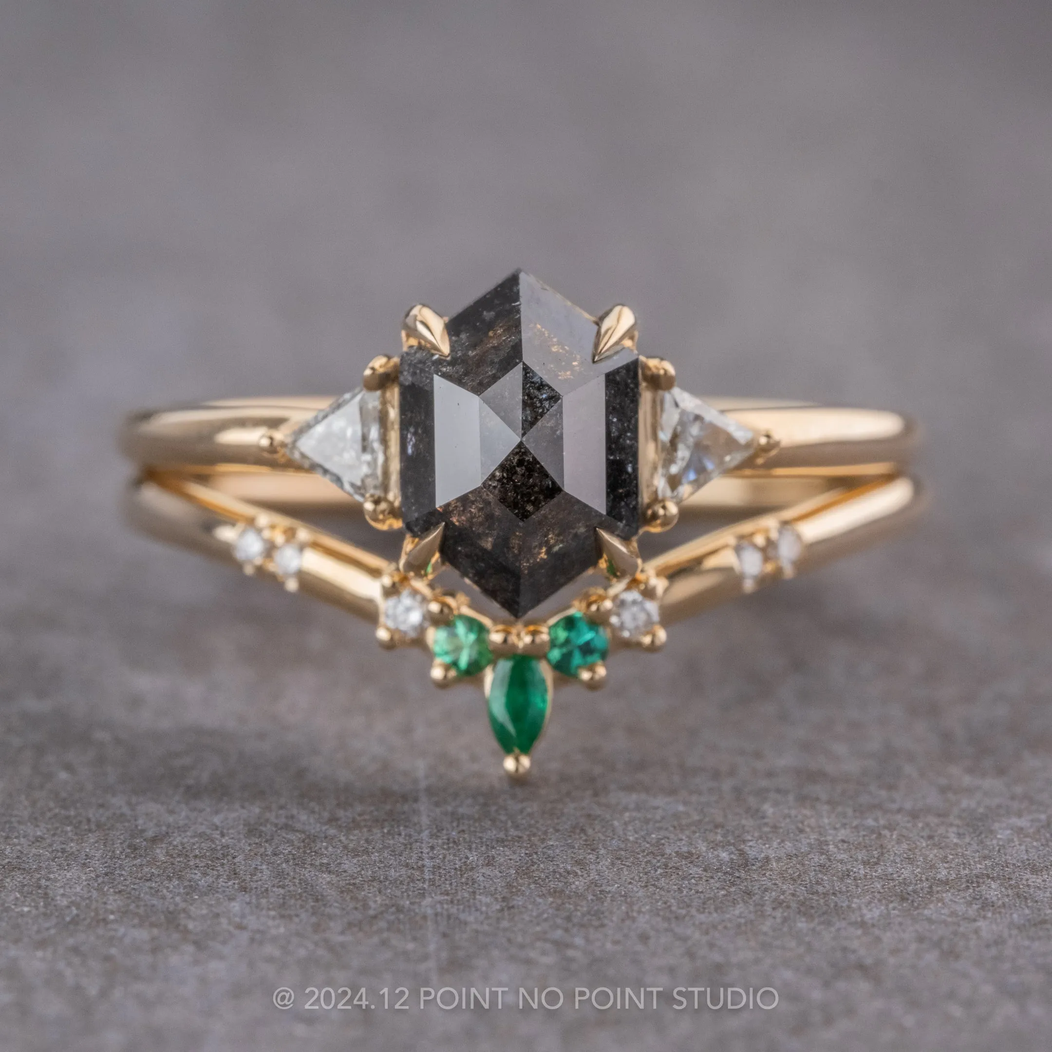 1.76 Carat Black Hexagon Diamond Engagement Ring, Zoe Setting, 14k Yellow Gold