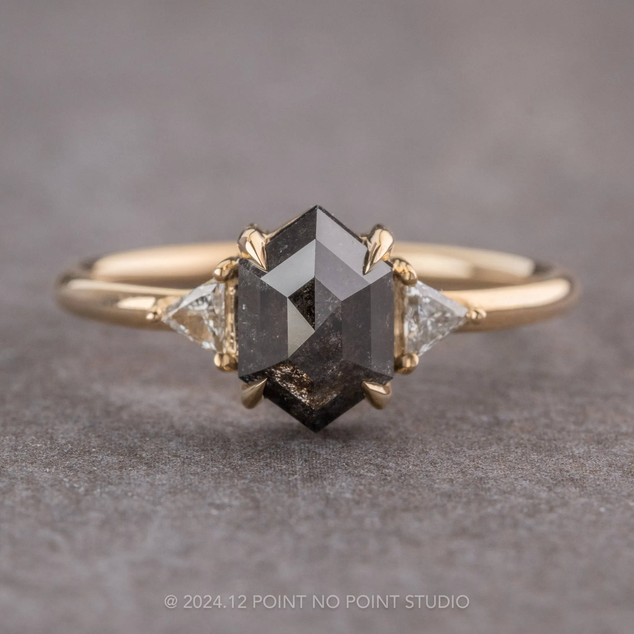 1.76 Carat Black Hexagon Diamond Engagement Ring, Zoe Setting, 14k Yellow Gold