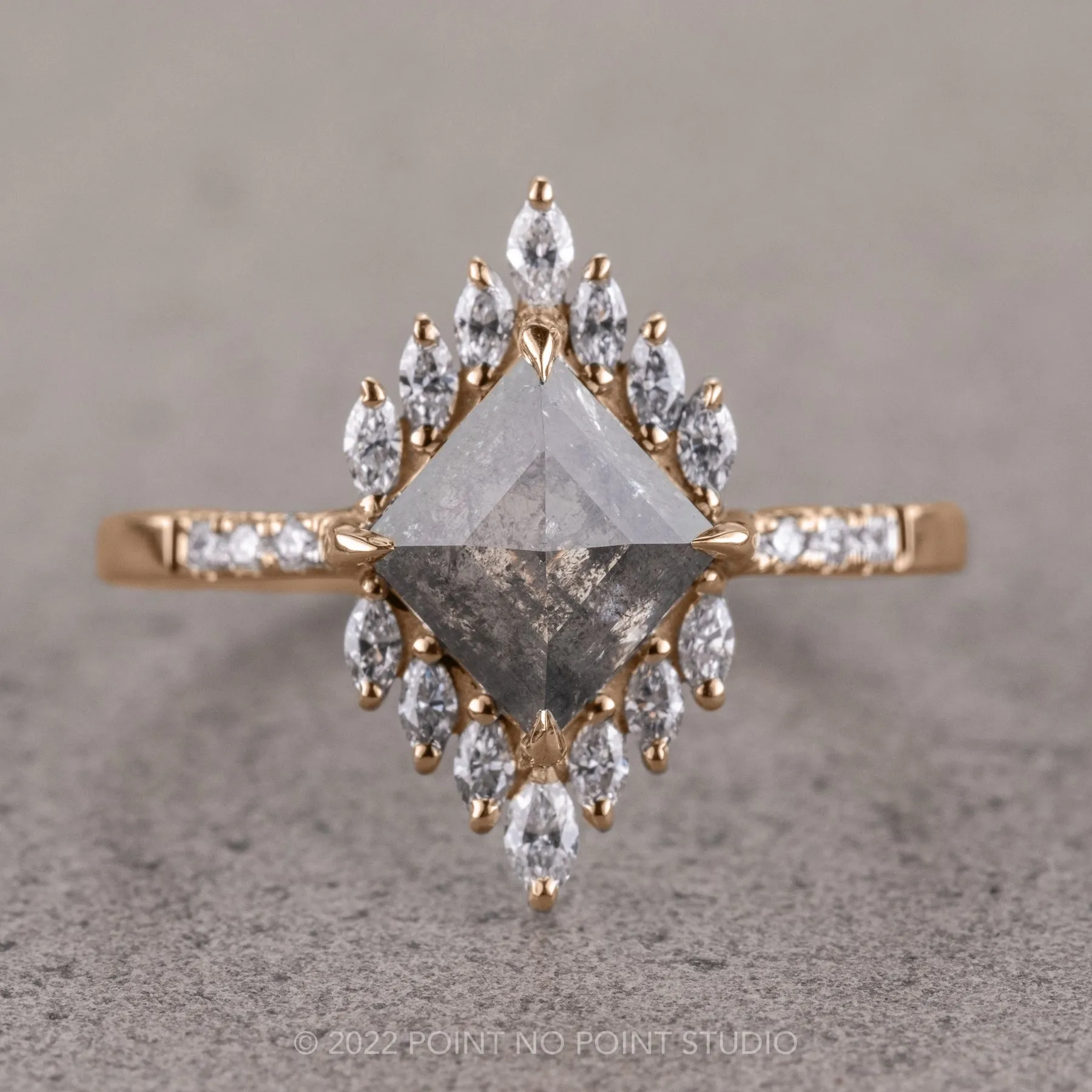 1.78 Carat Salt and Pepper Lozenge Diamond Engagement Ring, Alexandria Setting, 14k Rose Gold