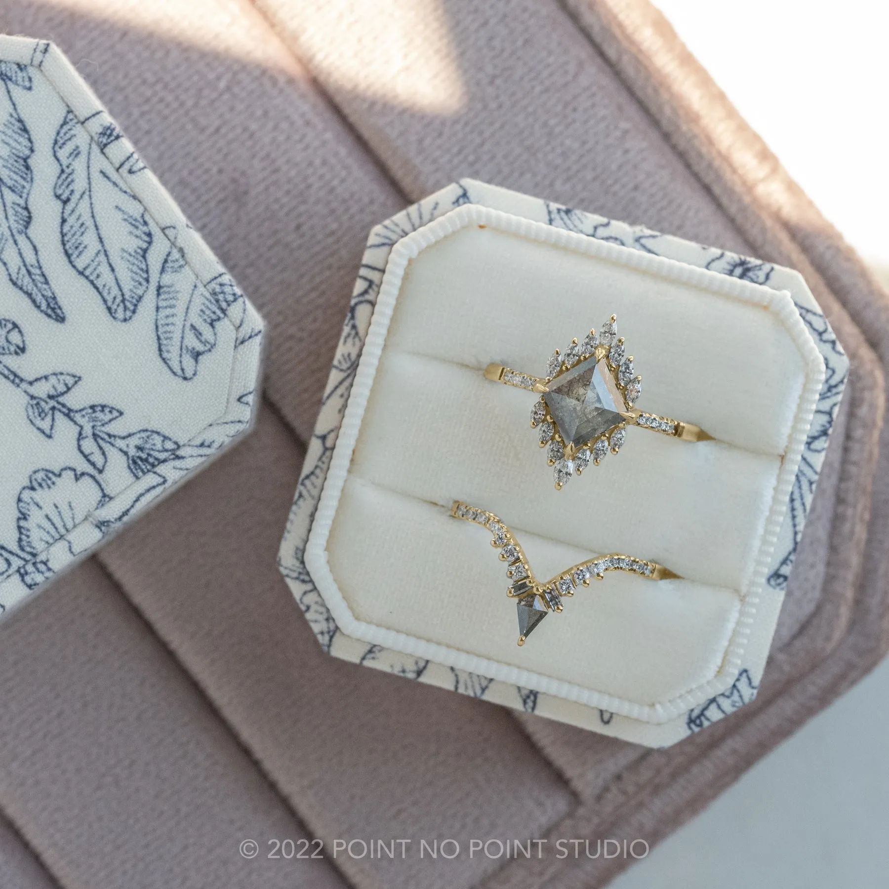 1.78 Carat Salt and Pepper Lozenge Diamond Engagement Ring, Alexandria Setting, 14k Yellow Gold