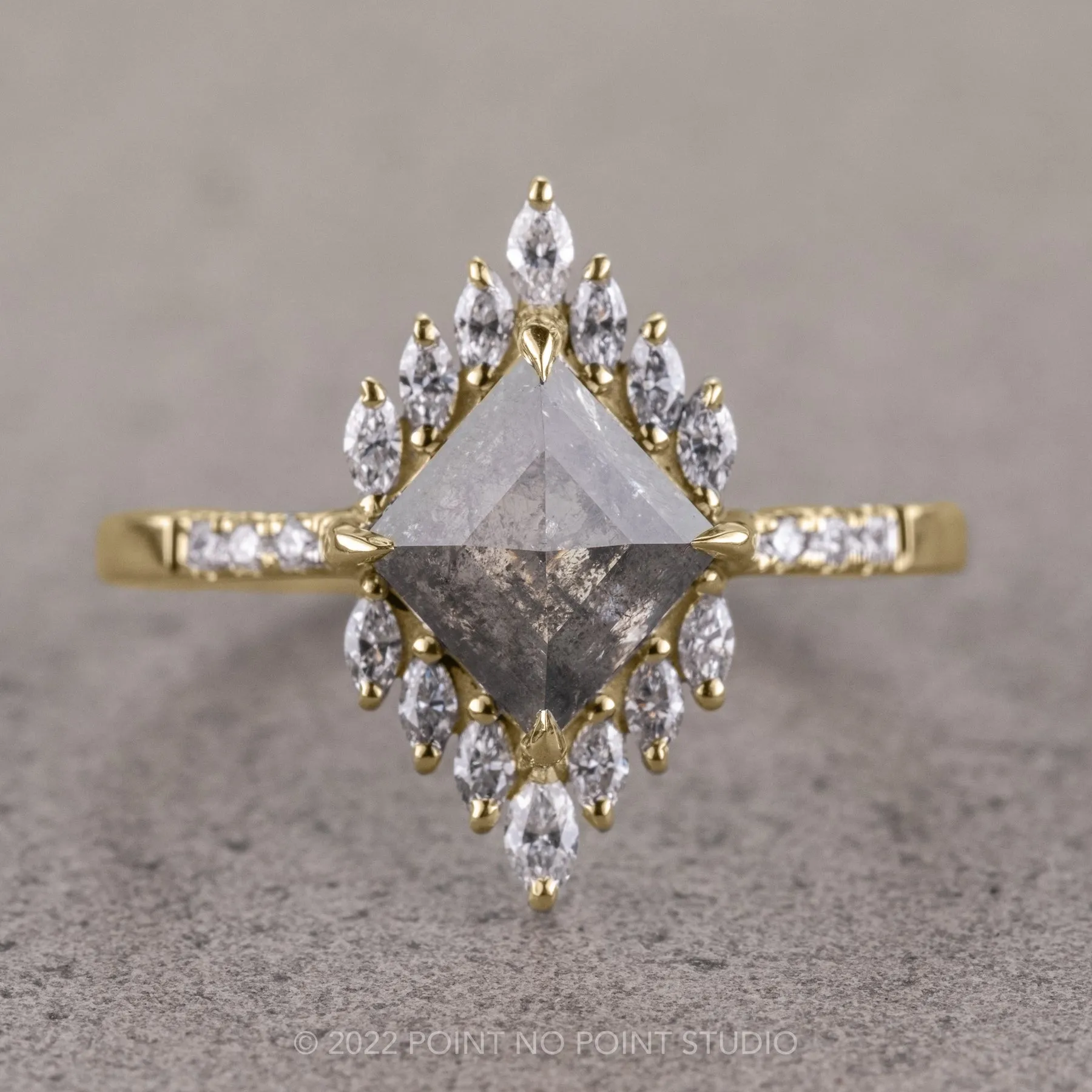 1.78 Carat Salt and Pepper Lozenge Diamond Engagement Ring, Alexandria Setting, 14k Yellow Gold