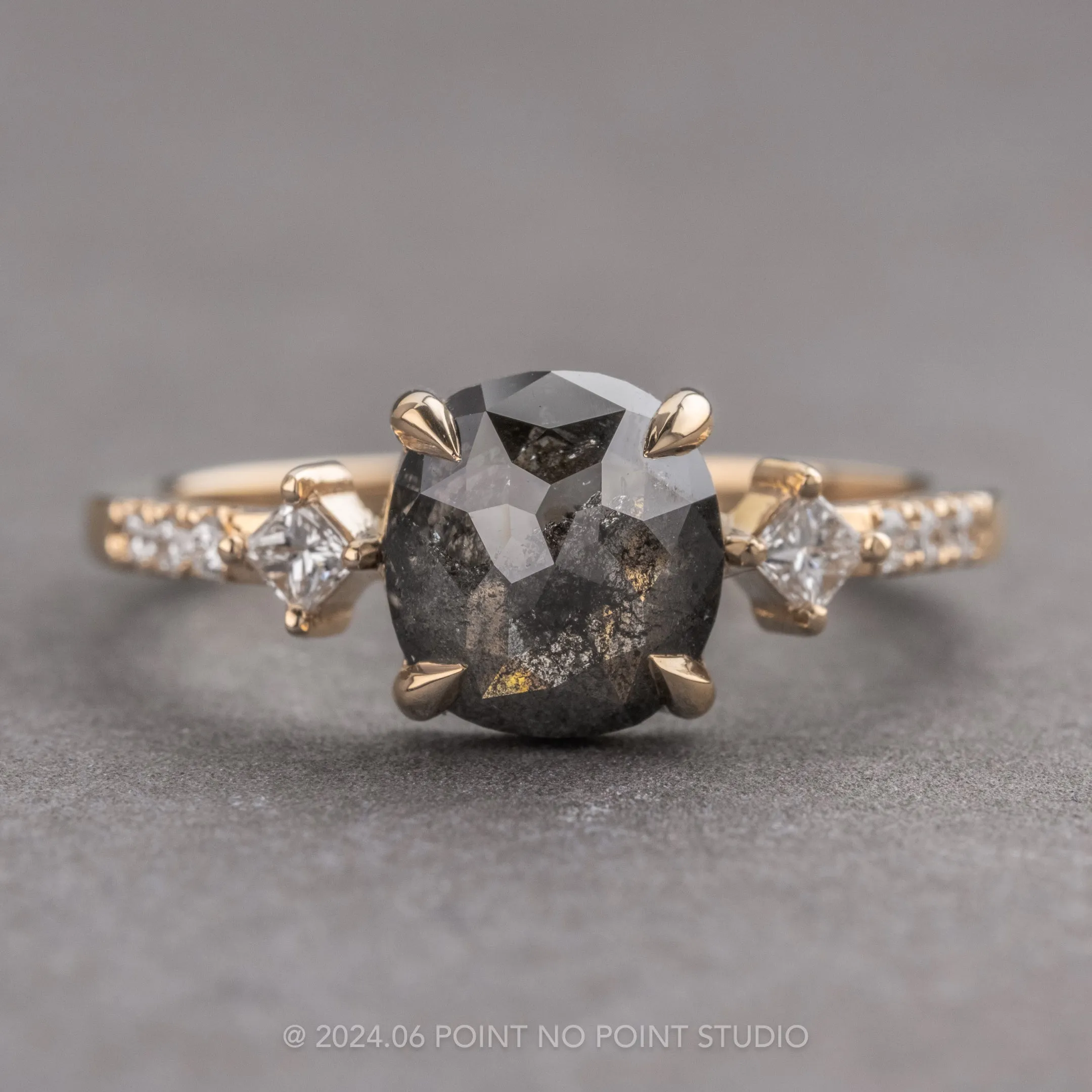 1.86 Carat Black Speckled Cushion Diamond Engagement Ring, Eliza Setting, 14K Yellow Gold