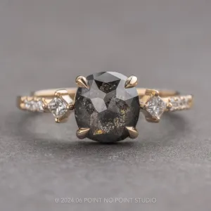 1.86 Carat Black Speckled Cushion Diamond Engagement Ring, Eliza Setting, 14K Yellow Gold