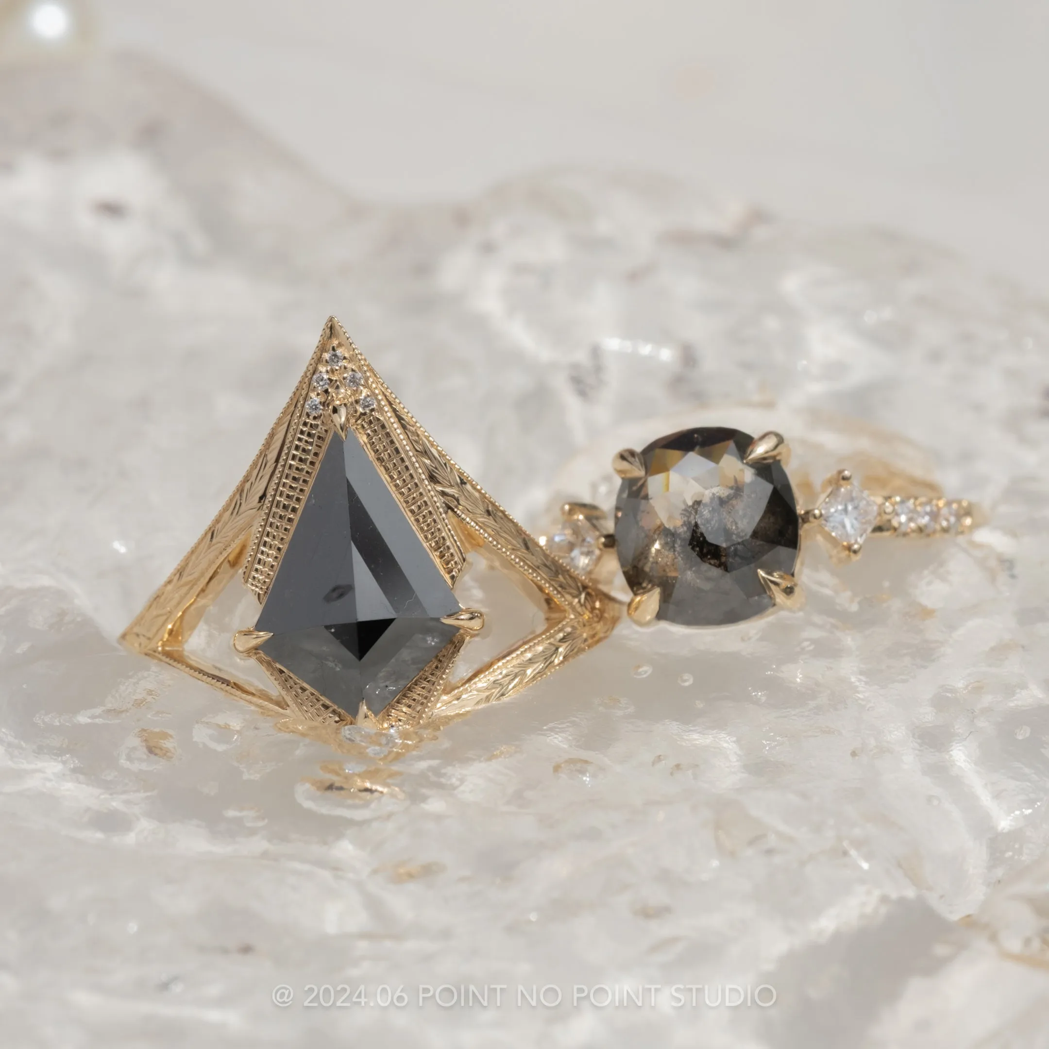 1.86 Carat Black Speckled Cushion Diamond Engagement Ring, Eliza Setting, 14K Yellow Gold