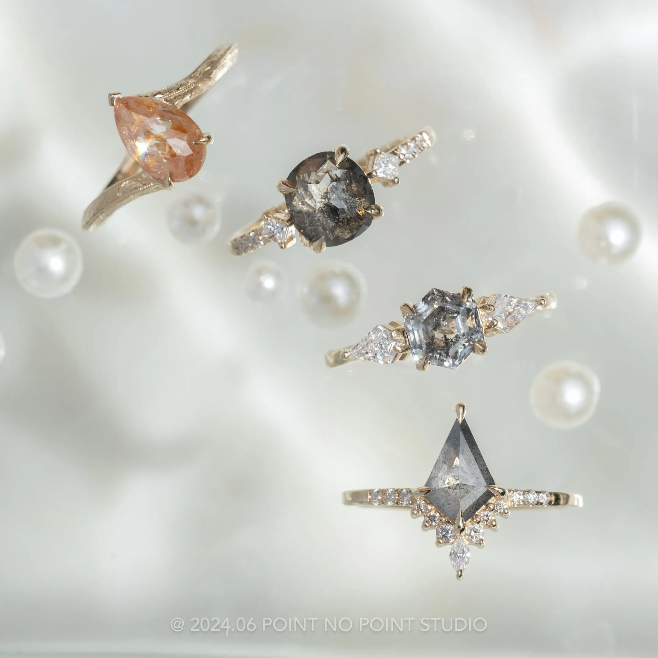 1.86 Carat Black Speckled Cushion Diamond Engagement Ring, Eliza Setting, 14K Yellow Gold