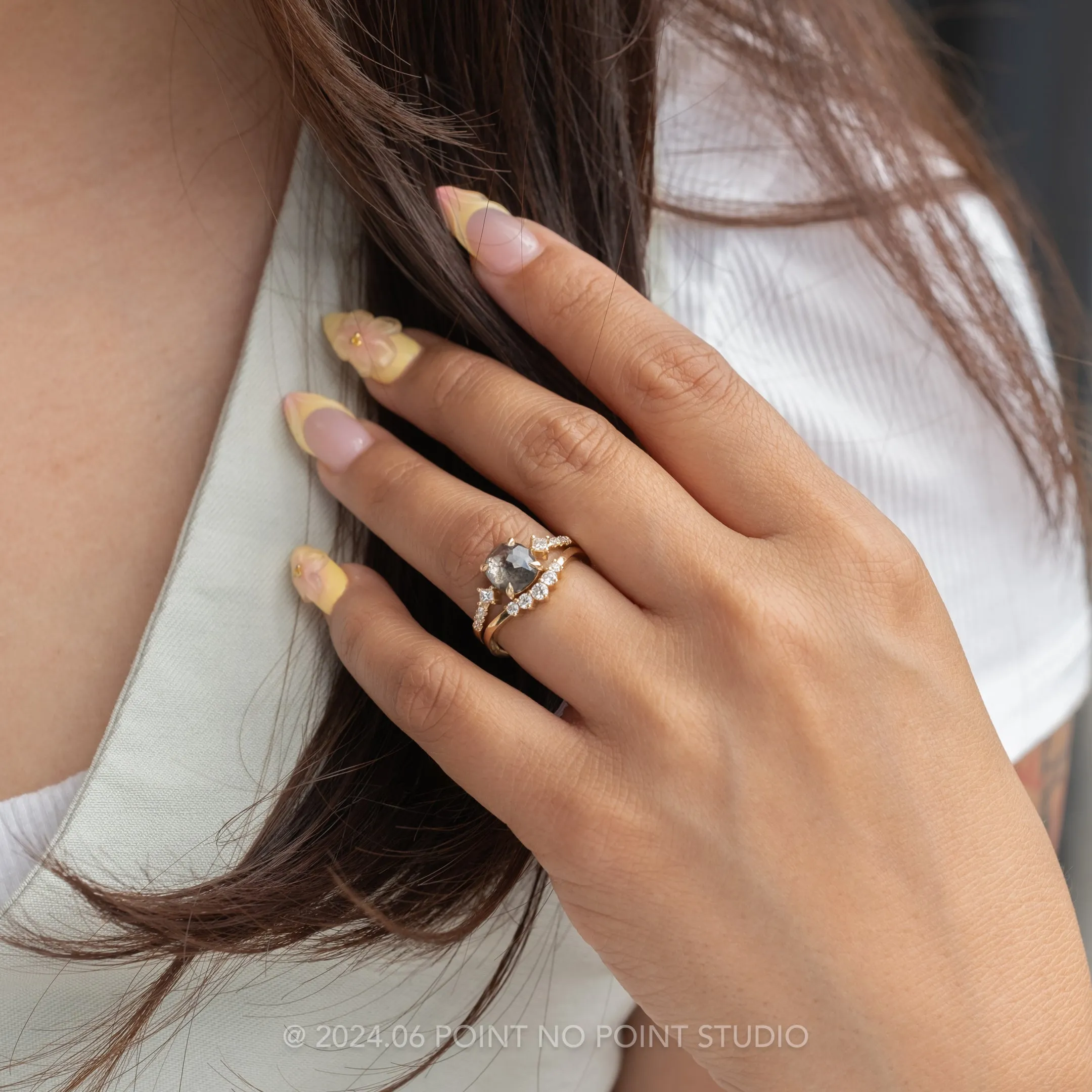 1.86 Carat Black Speckled Cushion Diamond Engagement Ring, Eliza Setting, 14K Yellow Gold