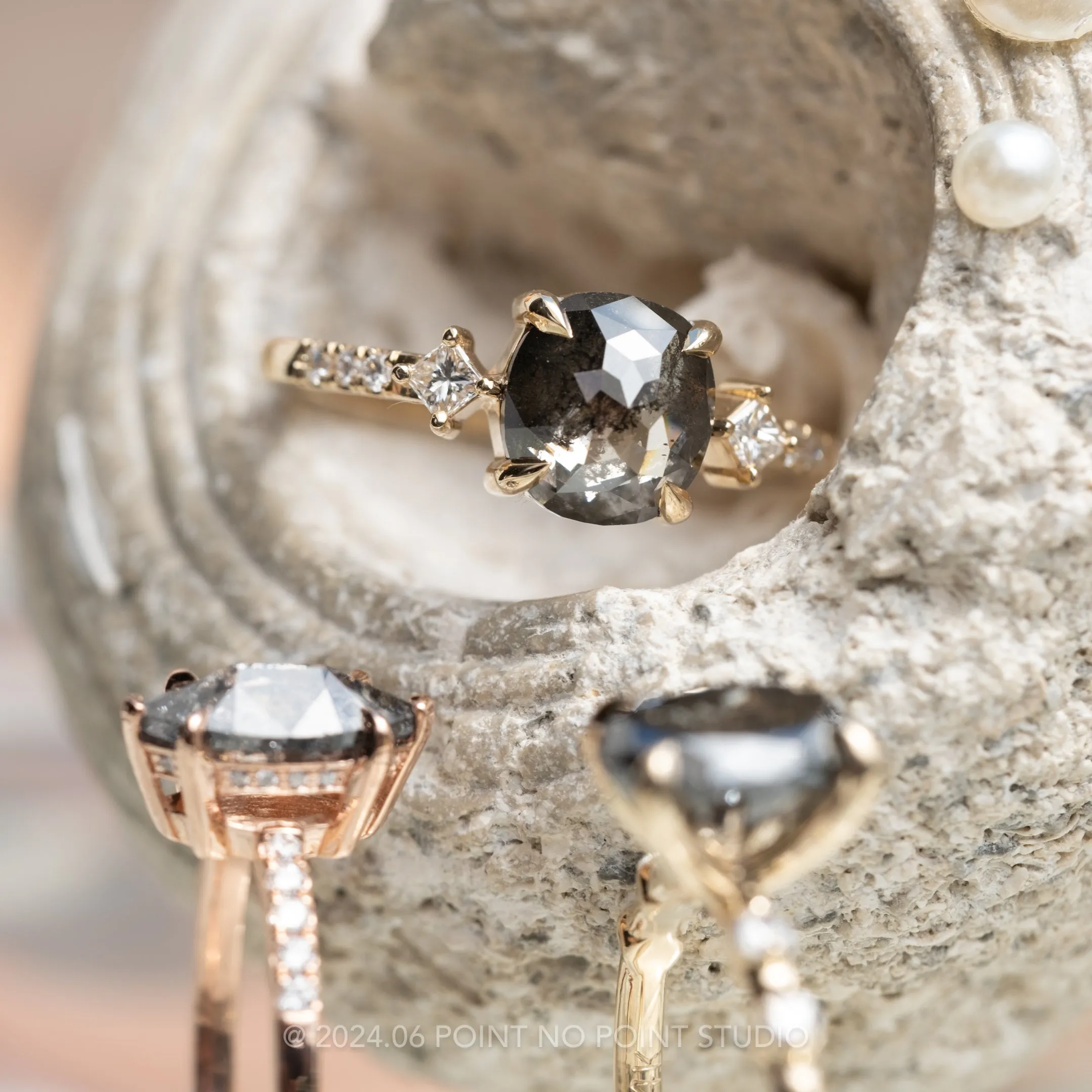1.86 Carat Black Speckled Cushion Diamond Engagement Ring, Eliza Setting, 14K Yellow Gold