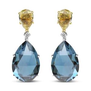 18K White and Yellow Gold 1/5 Cttw Diamond with Pear Cut Lemon Quartz and Pear Cut London Blue Topaz Gemstone Dangle Earring (G-H Color, SI1-SI2 Clarity)