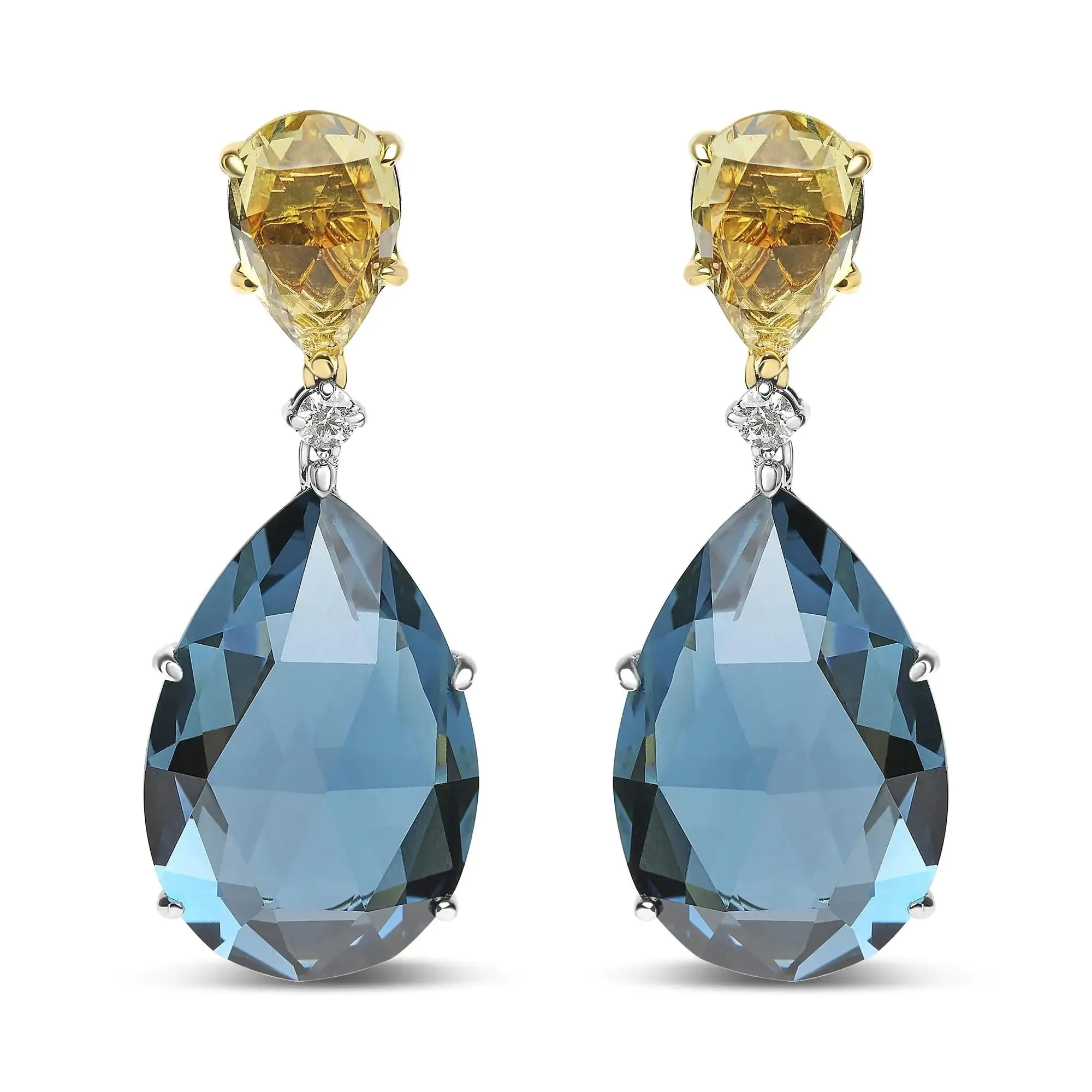 18K White and Yellow Gold 1/5 Cttw Diamond with Pear Cut Lemon Quartz and Pear Cut London Blue Topaz Gemstone Dangle Earring (G-H Color, SI1-SI2 Clarity)