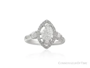 18K White Gold & Diamond Halo Engagement Wedding Ring, 1 CT Marquis Diamond, 1.44 TDW