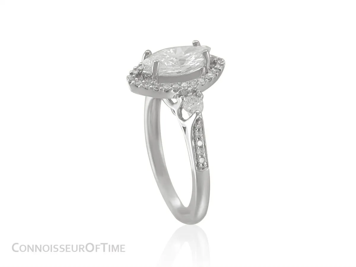18K White Gold & Diamond Halo Engagement Wedding Ring, 1 CT Marquis Diamond, 1.44 TDW