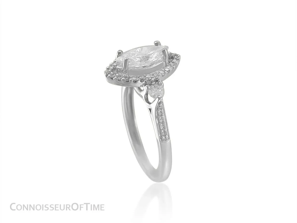 18K White Gold & Diamond Halo Engagement Wedding Ring, 1 CT Marquis Diamond, 1.44 TDW