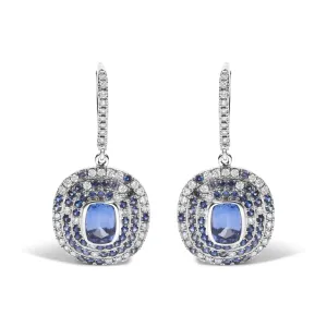 18K White Gold Natural Blue Sapphire and Diamond Scattered Halo Drop and Dangle Leverback Earrings (H-I Color, SI1-SI2 Clarity)