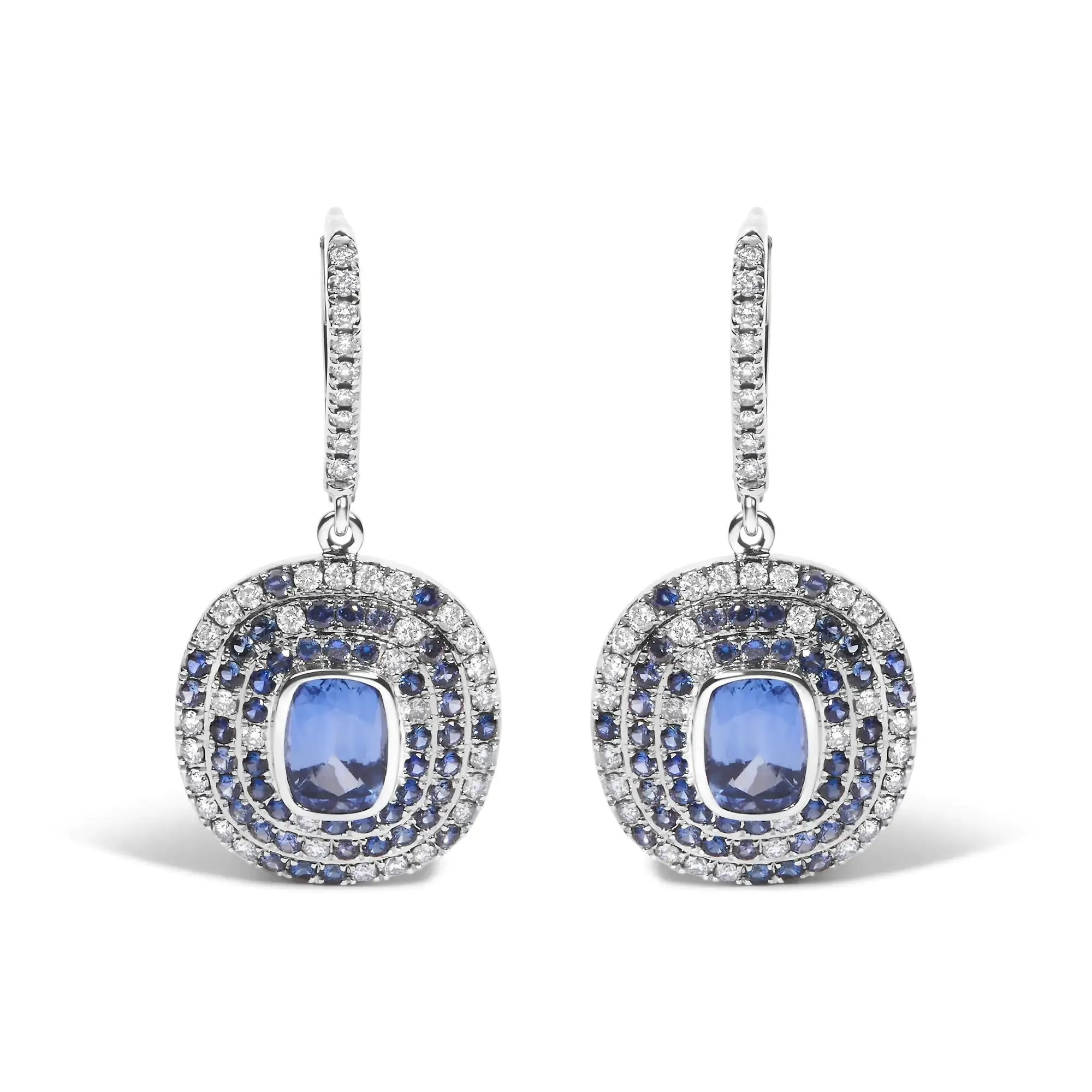 18K White Gold Natural Blue Sapphire and Diamond Scattered Halo Drop and Dangle Leverback Earrings (H-I Color, SI1-SI2 Clarity)