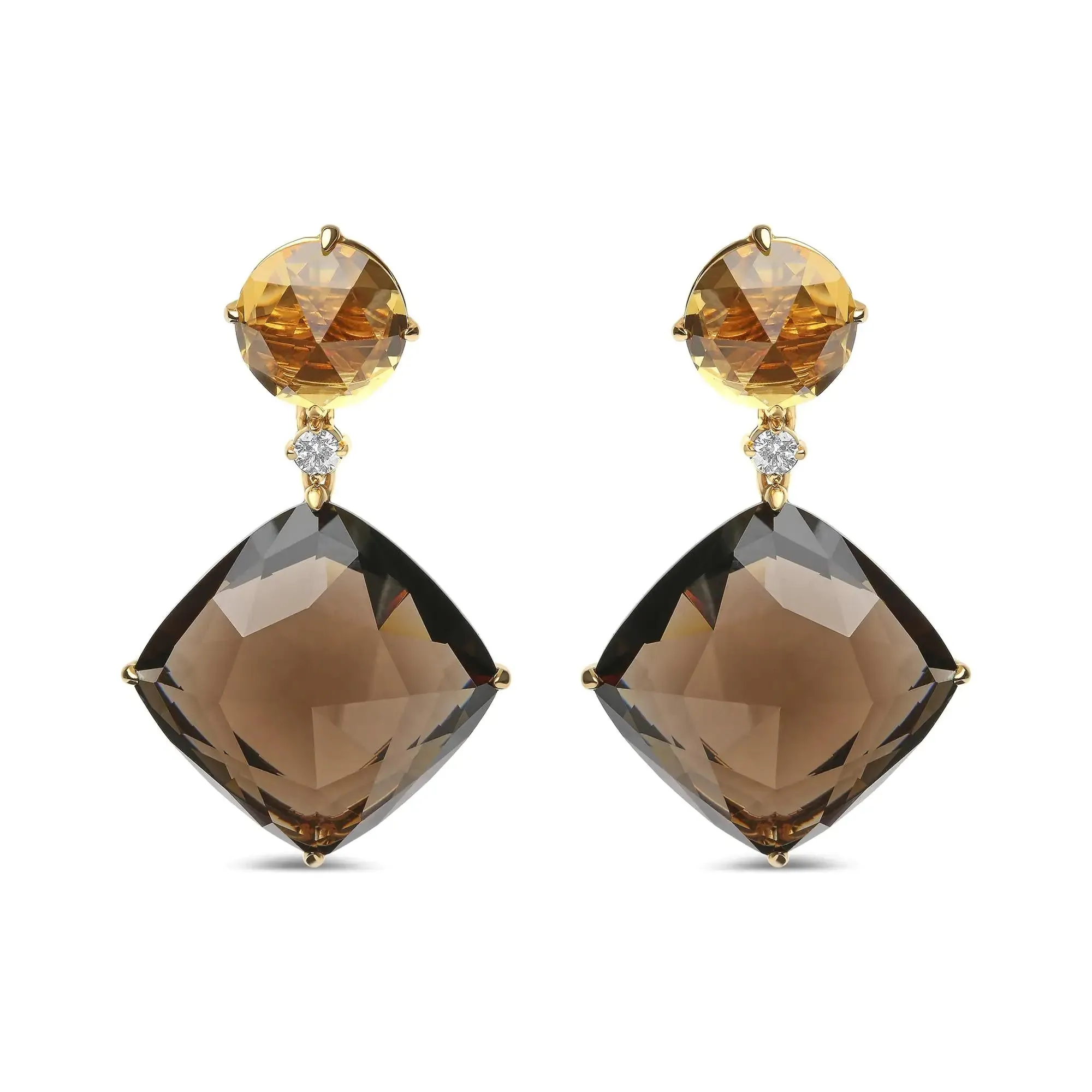 18K Yellow Gold 1/5 Cttw Diamond with Round Yellow Citrine and 25mm Cushion Cut Smoky Quartz Gemstone Dangle Earring (G-H Color, SI1-SI2 Clarity)
