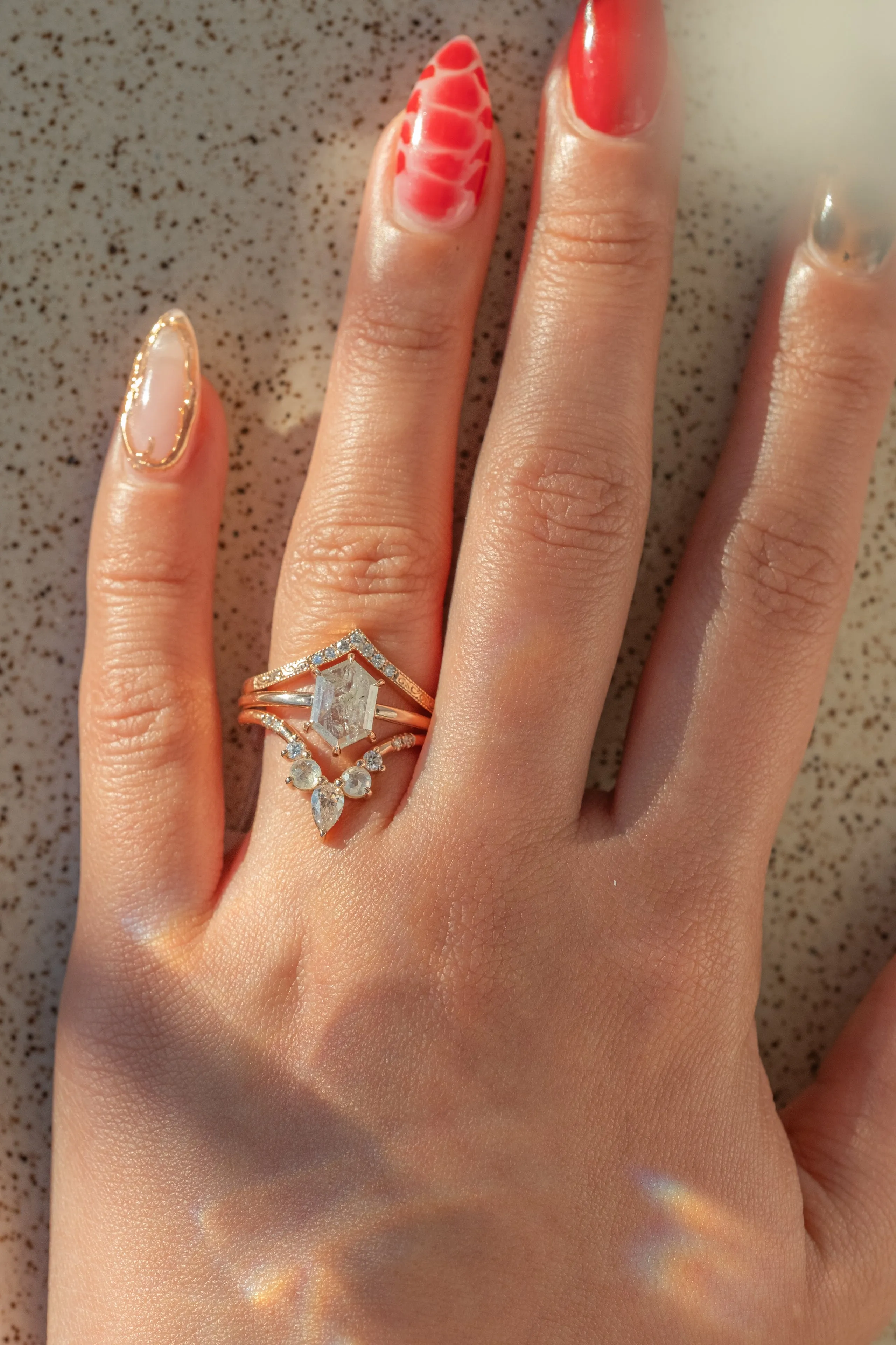 1.91 Carat Icy White Hexagon Diamond Engagement Ring, Jane Setting, 14k Rose Gold