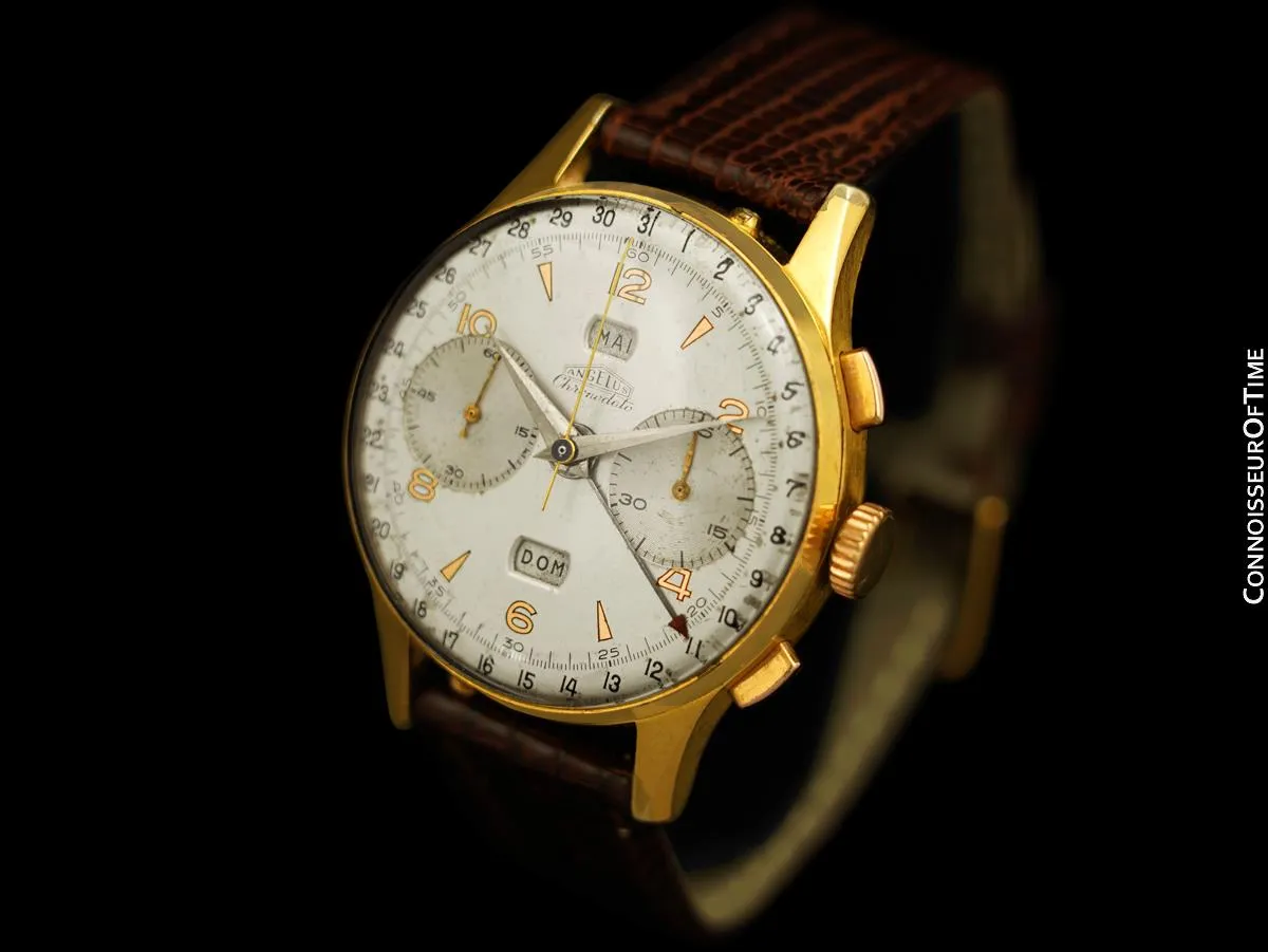 1940's Angelus Vintage Large Mens Triple Calendar Chronograph, 18K Gold Plated - The Chronodato