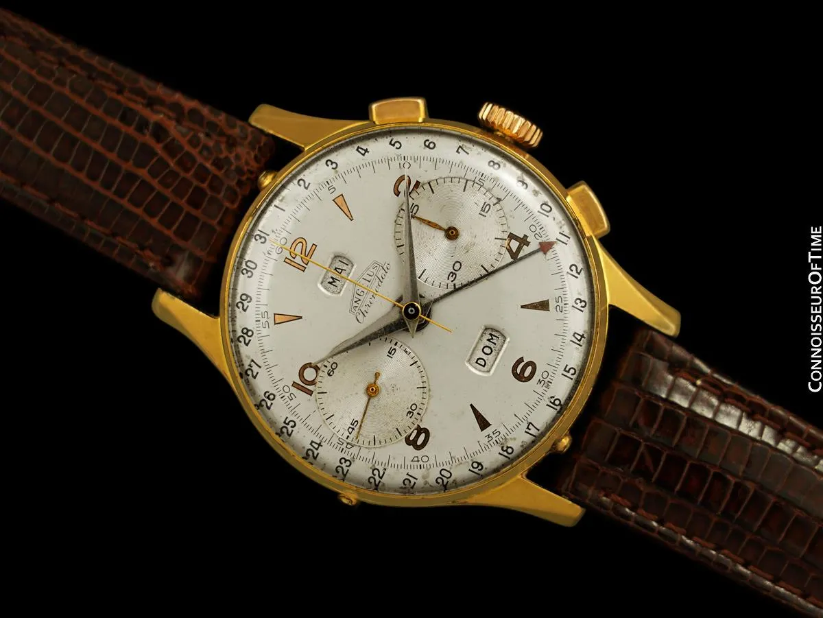 1940's Angelus Vintage Large Mens Triple Calendar Chronograph, 18K Gold Plated - The Chronodato