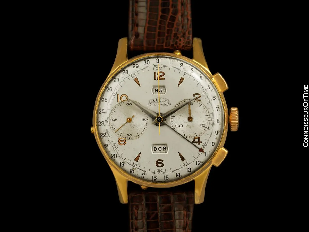 1940's Angelus Vintage Large Mens Triple Calendar Chronograph, 18K Gold Plated - The Chronodato