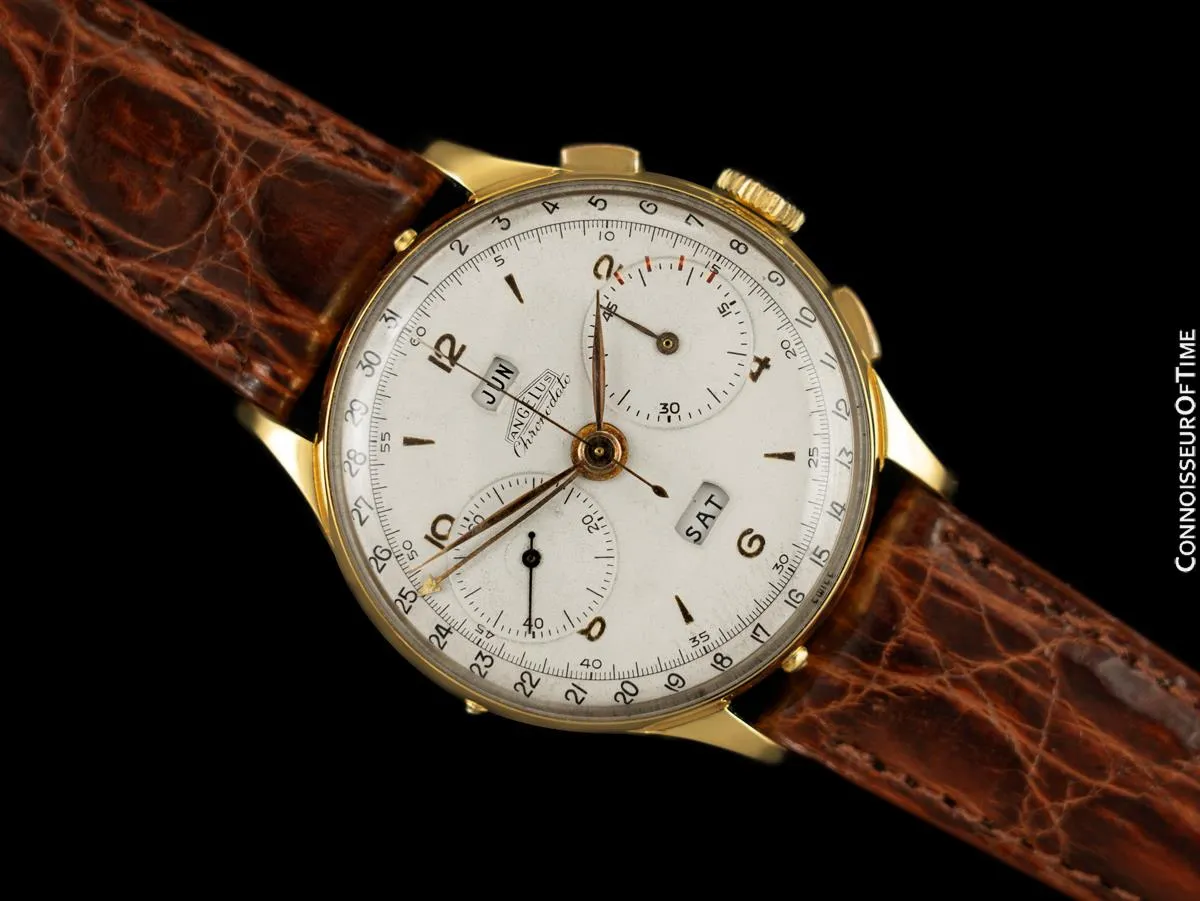 1940's Angelus Vintage Large Mens Triple Calendar Chronograph, 18K Gold Plated - The Chronodato