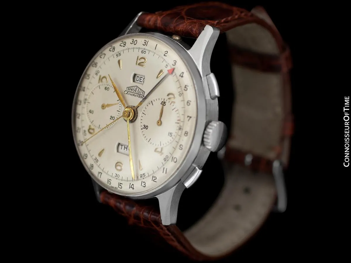 1940's Angelus Vintage Large Mens Triple Calendar Chronograph, Stainless Steel - The Chronodato