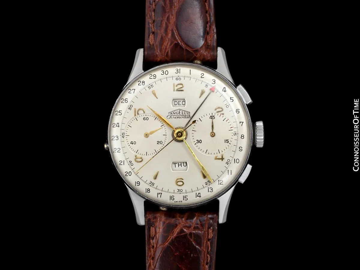 1940's Angelus Vintage Large Mens Triple Calendar Chronograph, Stainless Steel - The Chronodato