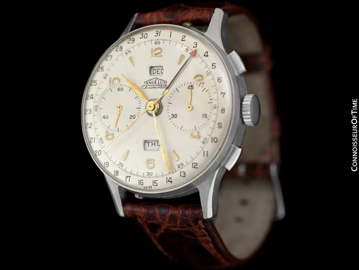 1940's Angelus Vintage Large Mens Triple Calendar Chronograph, Stainless Steel - The Chronodato
