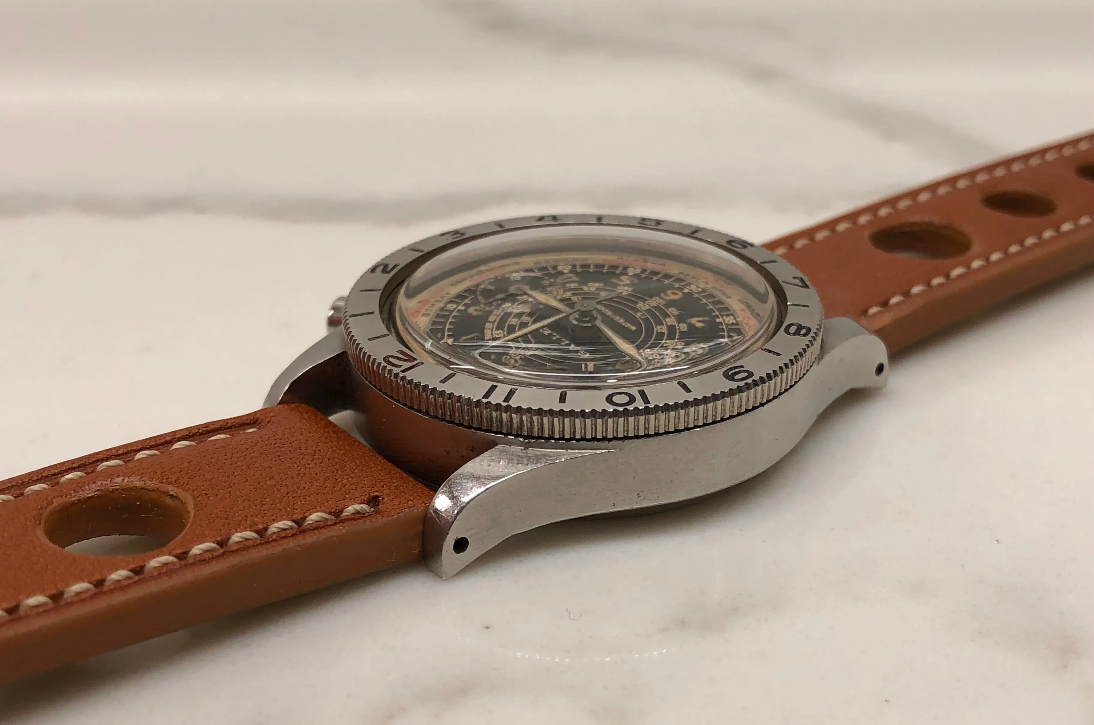 1940s Gallet Flying Officer Truman Black Dial Steel Clamshell Chronograph Valjoux 150 Wristwatch