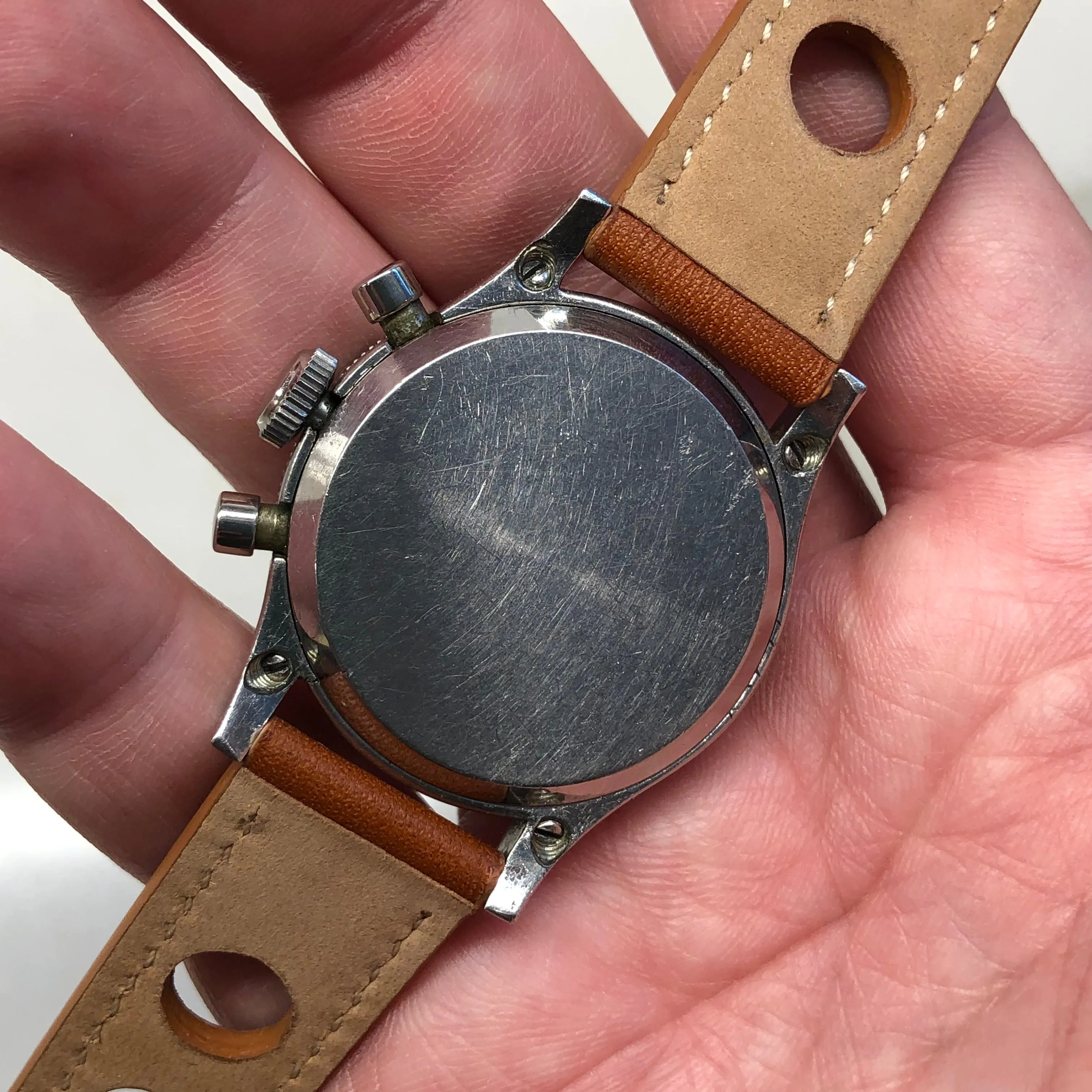 1940s Gallet Flying Officer Truman Black Dial Steel Clamshell Chronograph Valjoux 150 Wristwatch