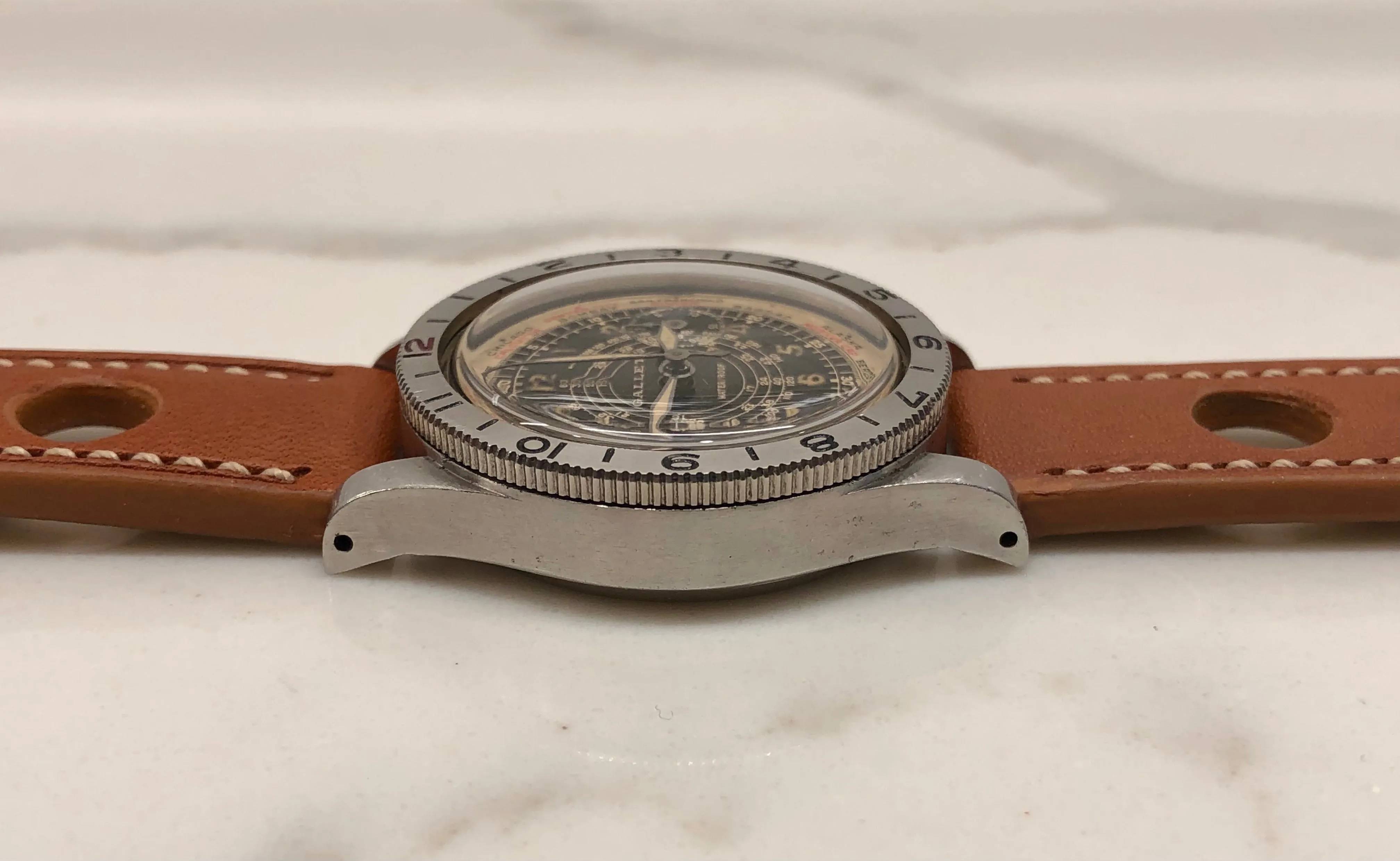 1940s Gallet Flying Officer Truman Black Dial Steel Clamshell Chronograph Valjoux 150 Wristwatch