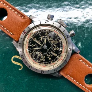 1940s Gallet Flying Officer Truman Black Dial Steel Clamshell Chronograph Valjoux 150 Wristwatch