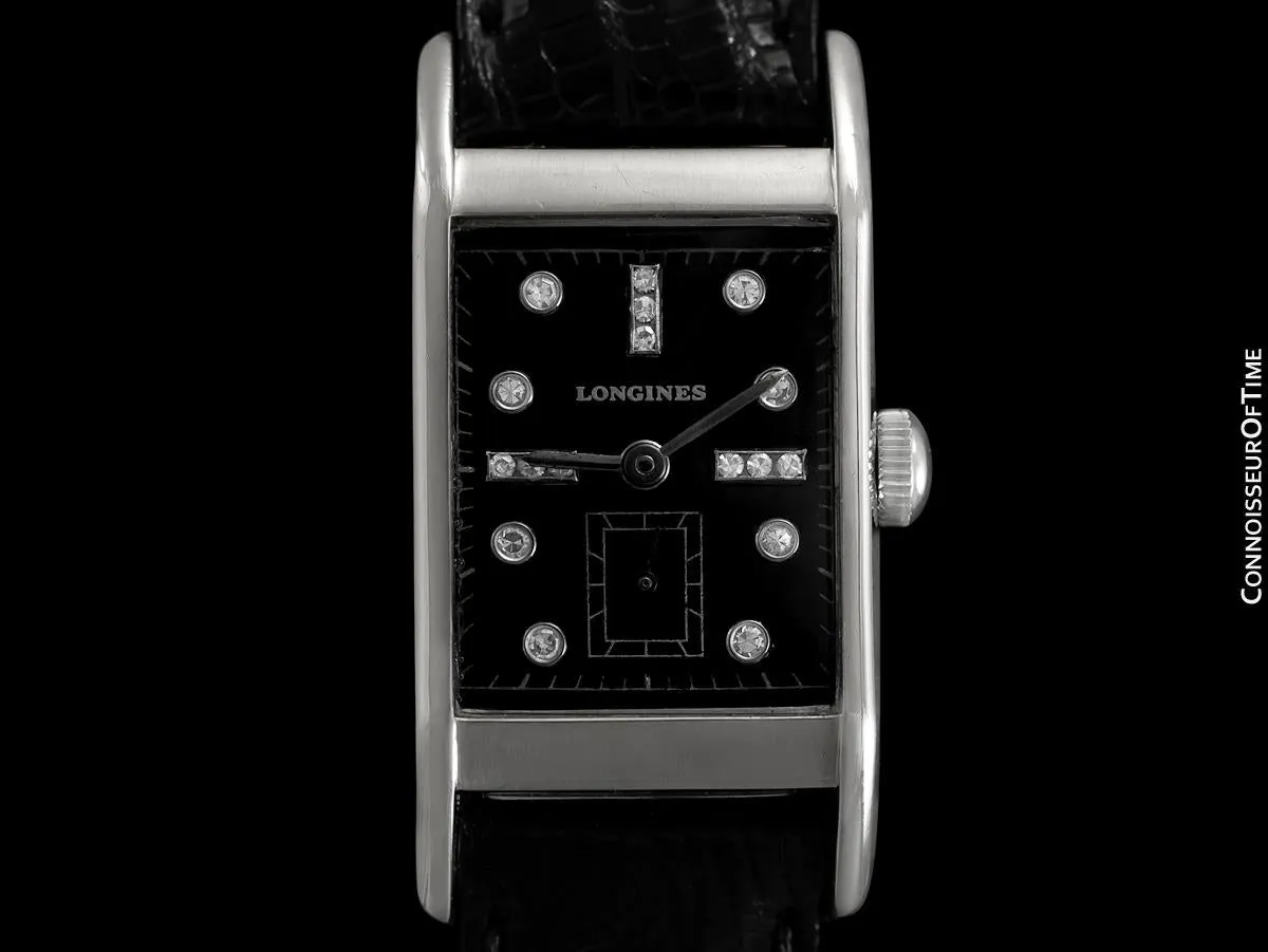 1949 Longines Vintage Mens Midsize Rectangular Watch - 14K White Gold & 17 Diamonds