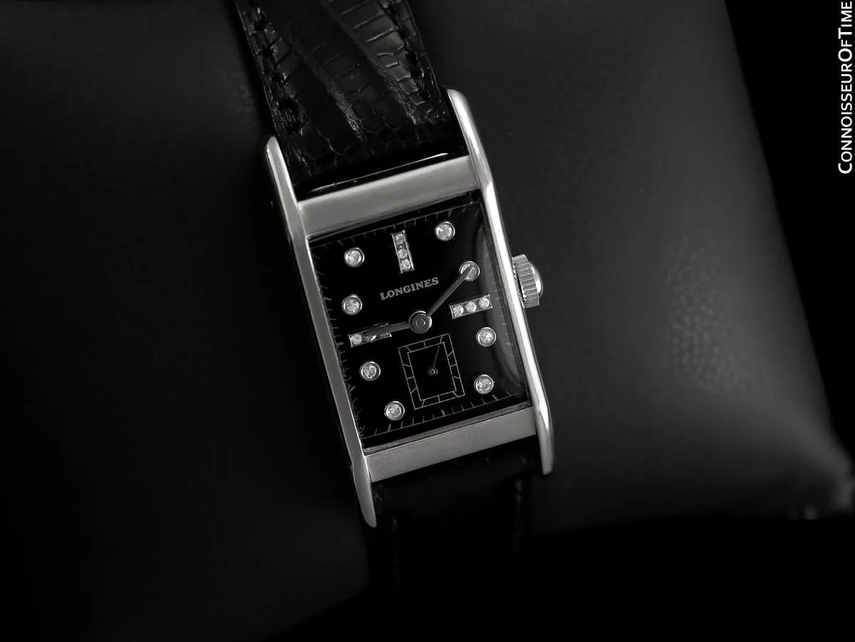 1949 Longines Vintage Mens Midsize Rectangular Watch - 14K White Gold & 17 Diamonds