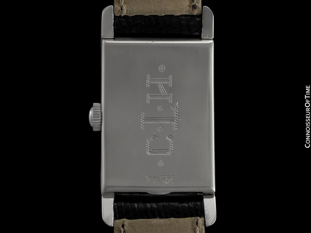 1949 Longines Vintage Mens Midsize Rectangular Watch - 14K White Gold & 17 Diamonds