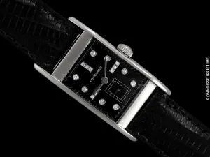 1949 Longines Vintage Mens Midsize Rectangular Watch - 14K White Gold & 17 Diamonds